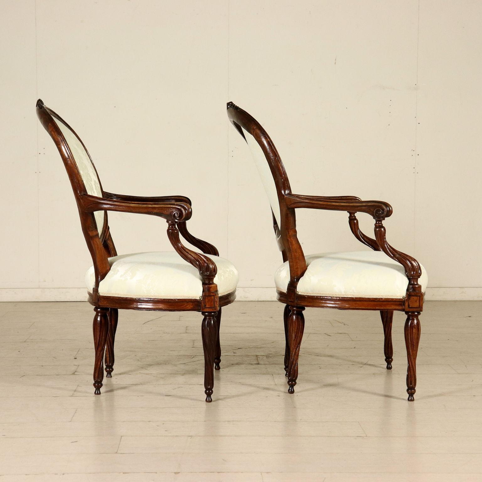 Neoclassical Pair of Armchairs from Genoa Solid Walnut, Italy, 18th Century