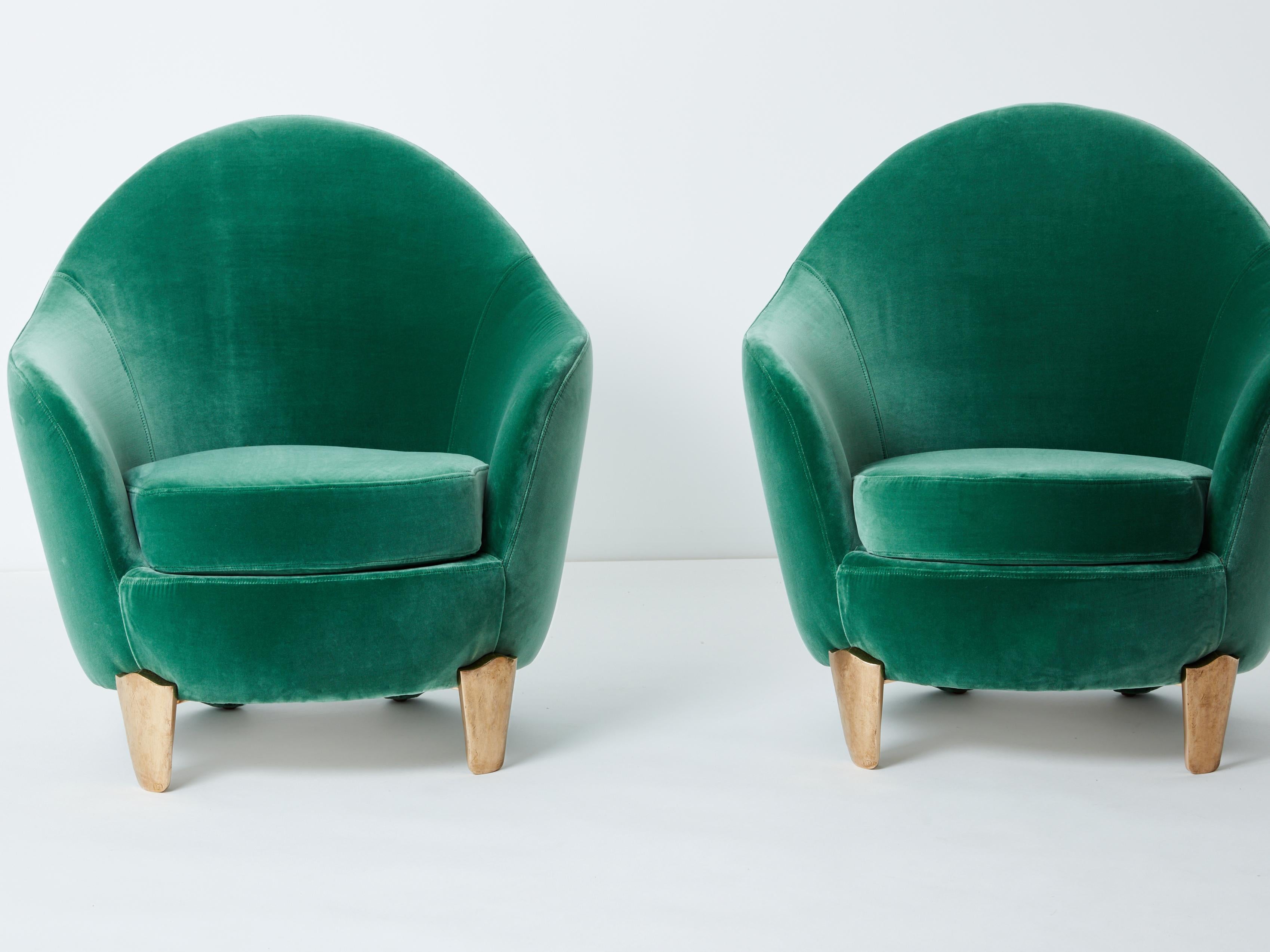 Pair of armchairs Garouste & Bonetti ‘Koala’ bronze green velvet 1995 For Sale 1