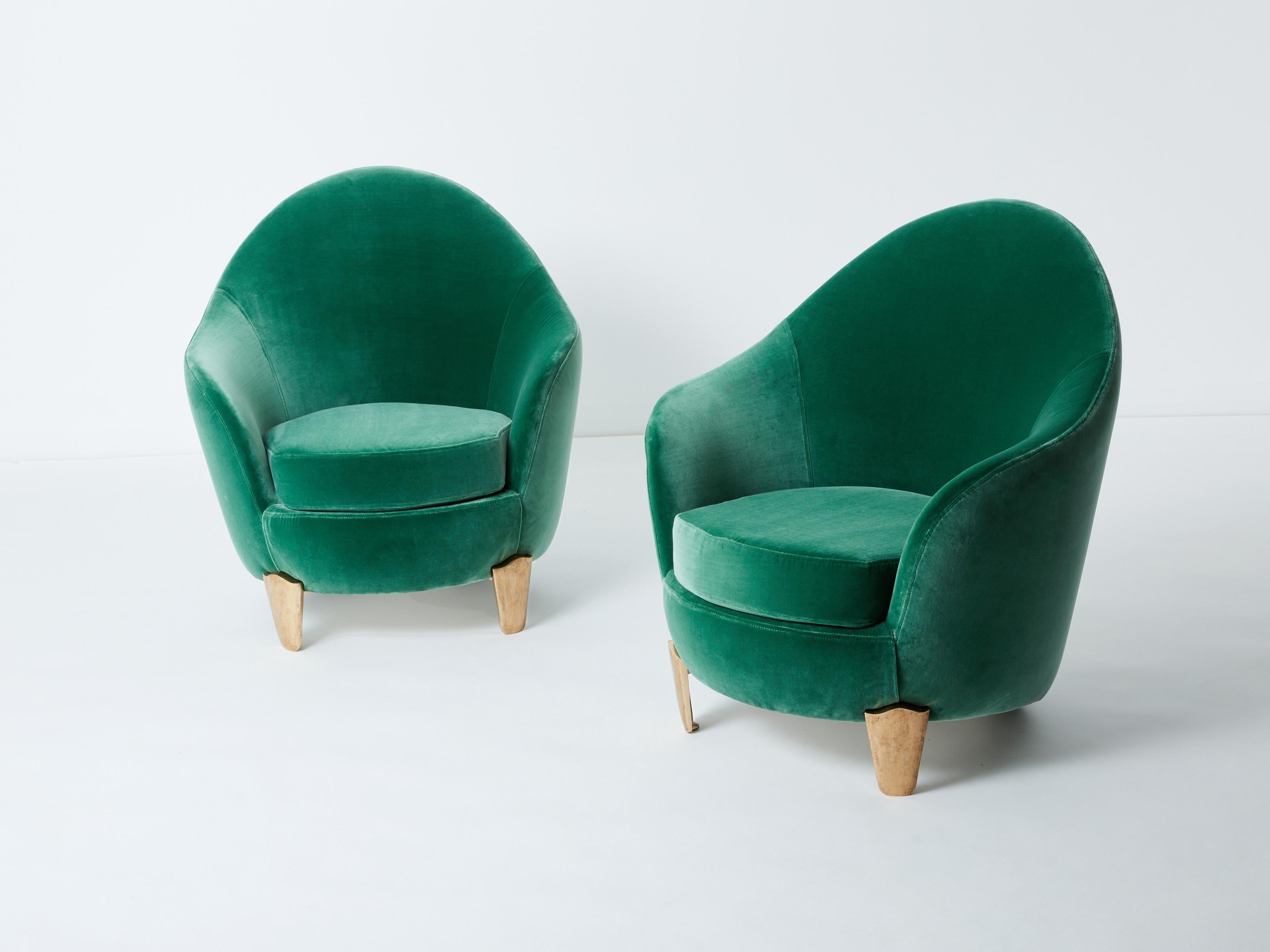 This is a beautiful pair of armchairs by Elizabeth Garouste & Mattia Bonetti, model Koala, with solid bronze feet, fully restored and reupholstered. Garouste & Bonetti began their collaboration and gained global recognition for their interior design