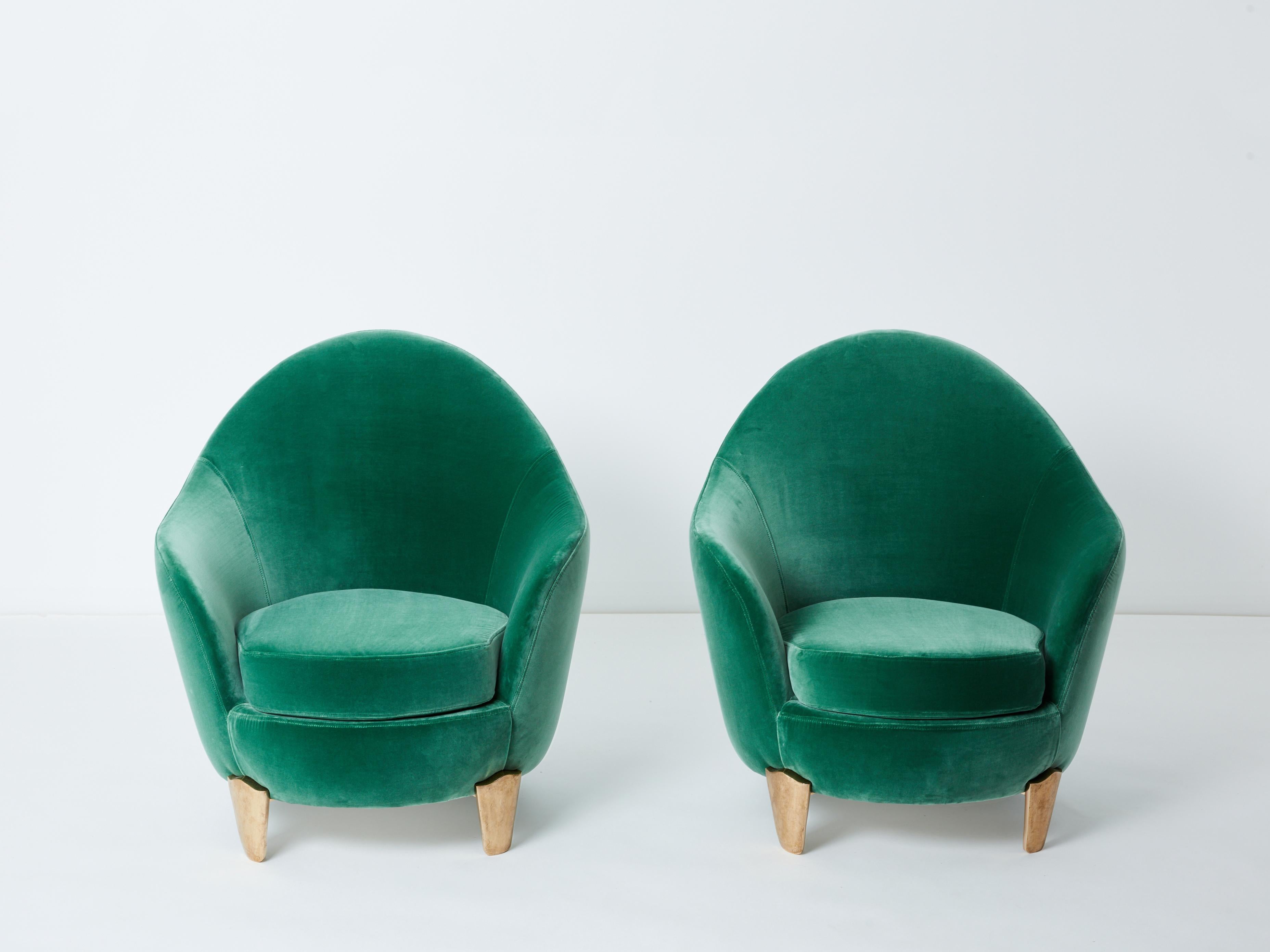 French Pair of armchairs Garouste & Bonetti ‘Koala’ bronze green velvet 1995 For Sale