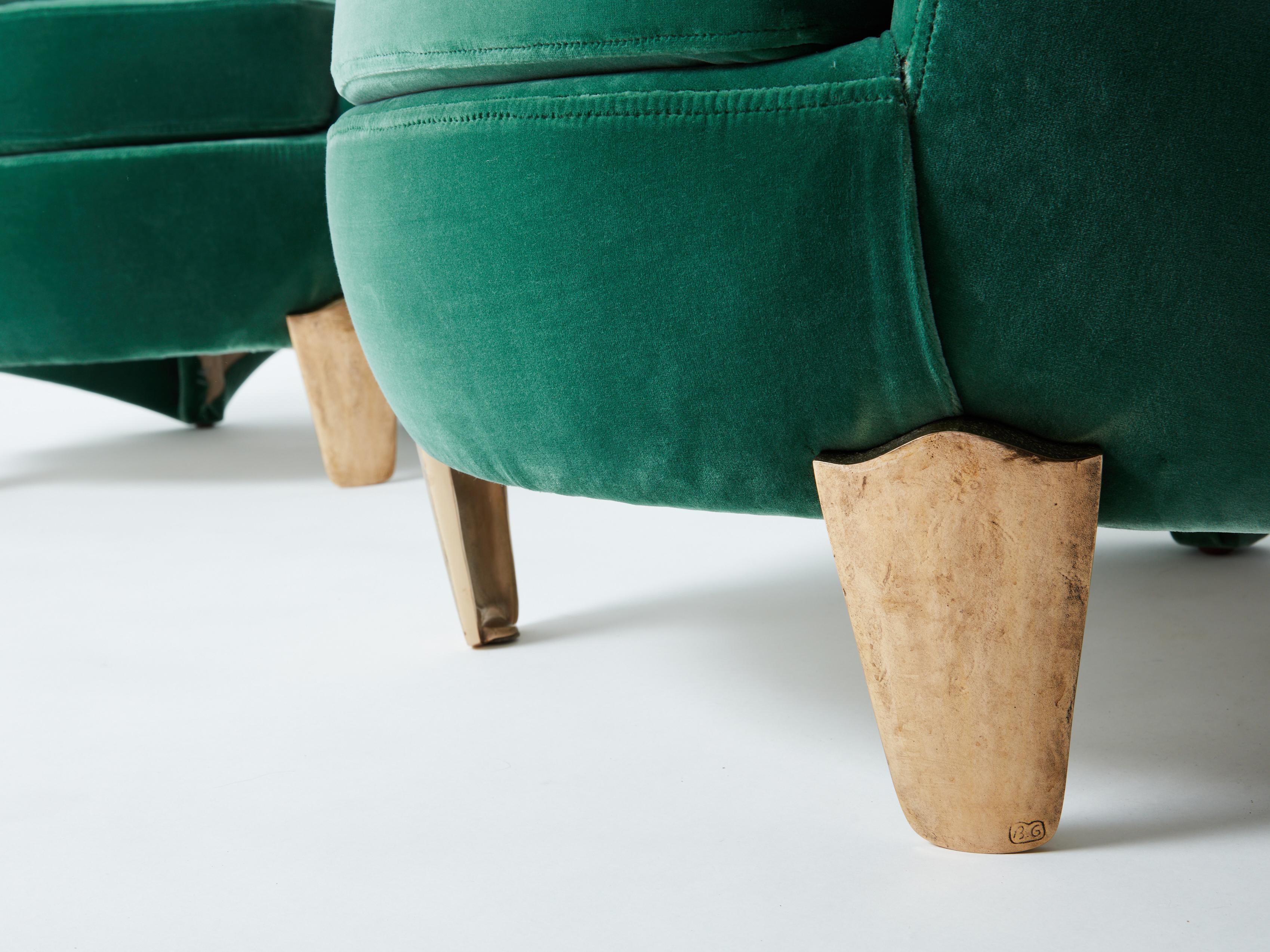 Pair of armchairs Garouste & Bonetti ‘Koala’ bronze green velvet 1995 In Excellent Condition For Sale In Paris, IDF