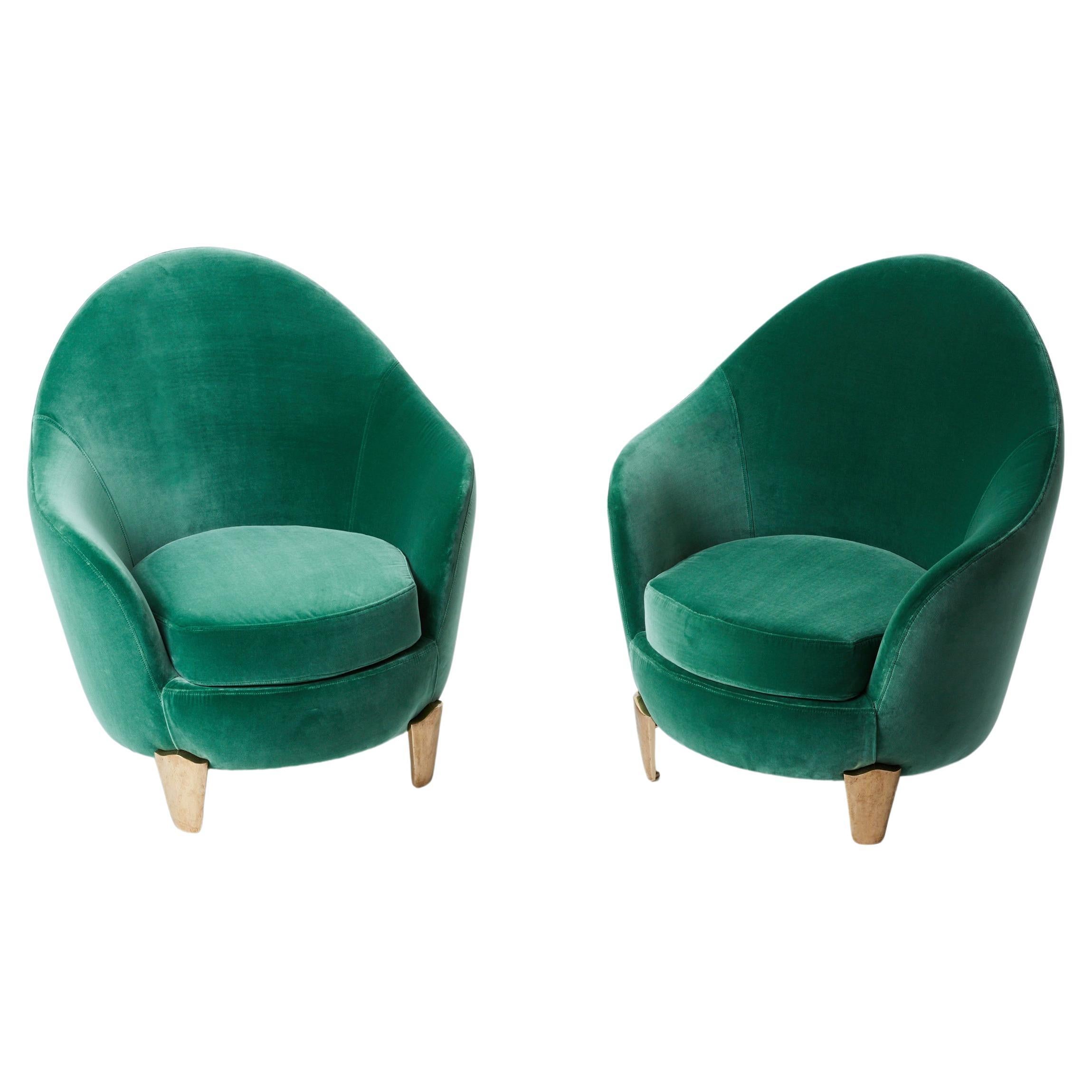 Pair of armchairs Garouste & Bonetti ‘Koala’ bronze green velvet 1995 For Sale