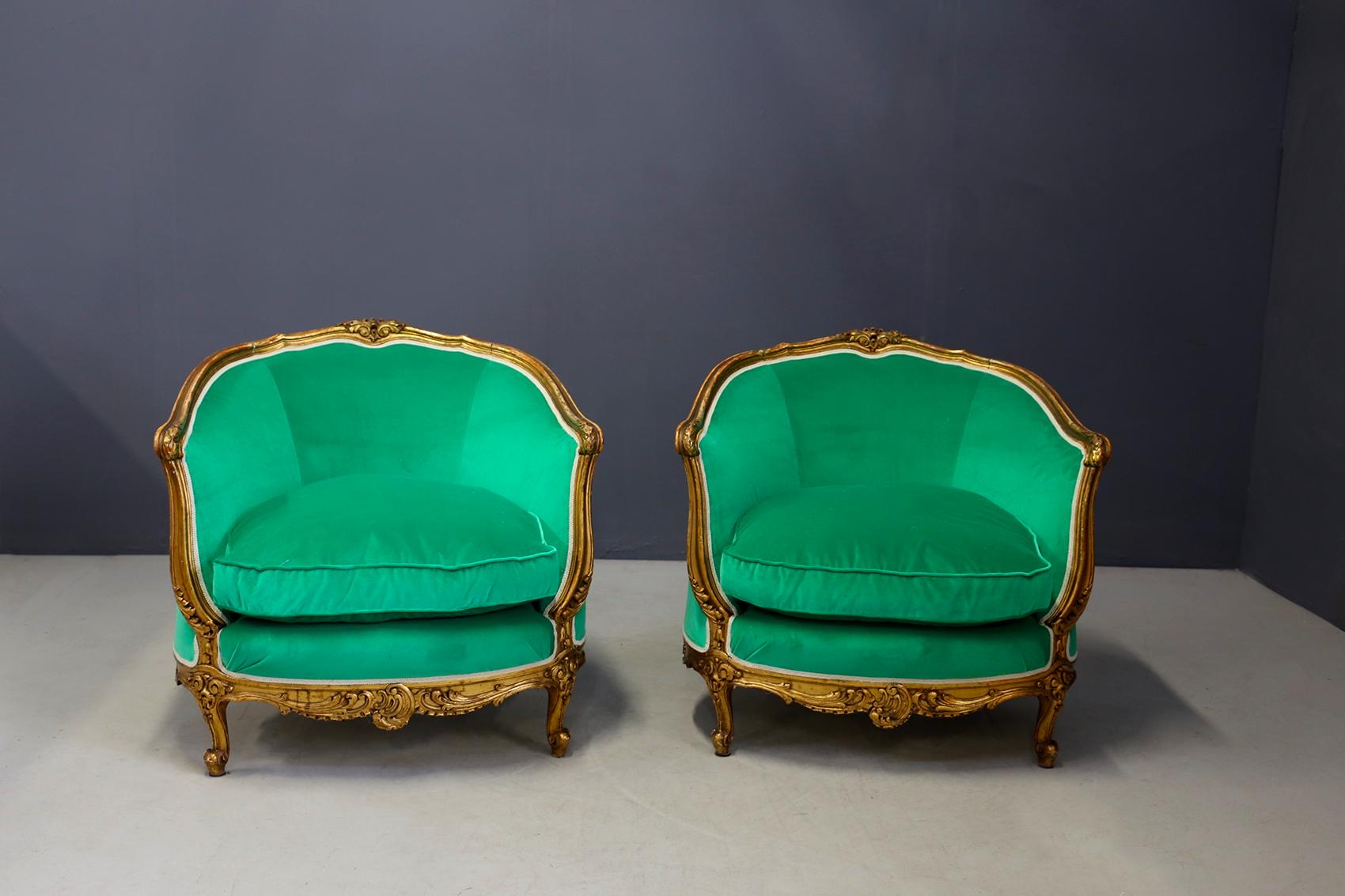 Pair of Armchairs Green Late 19th Century Louis XV Style in Gilded Carved Wood 5