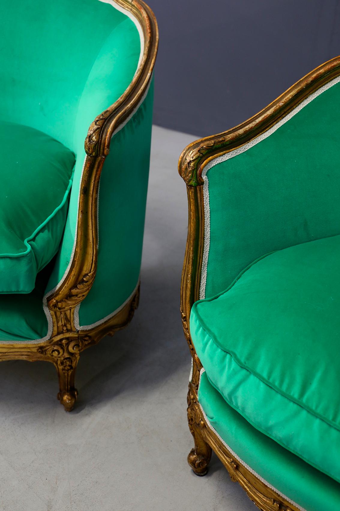 Pair of Armchairs Green Late 19th Century Louis XV Style in Gilded Carved Wood 7