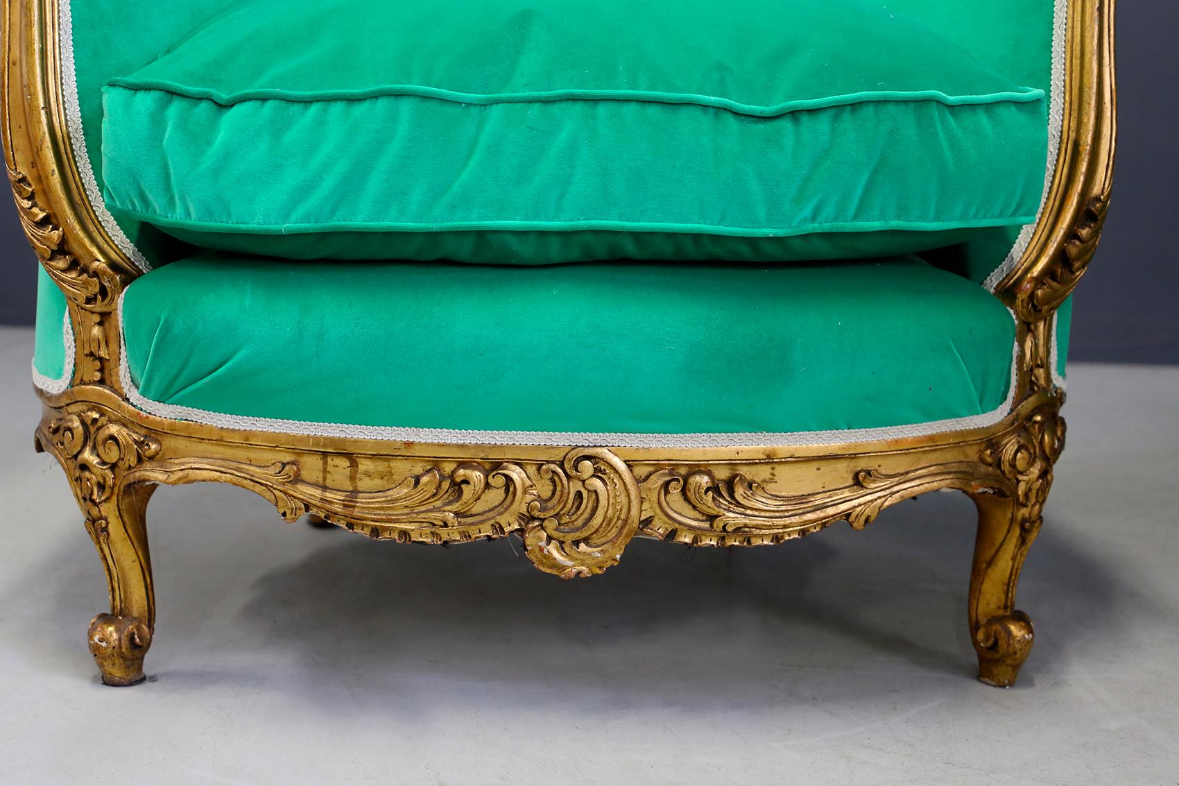 Pair of Armchairs Green Late 19th Century Louis XV Style in Gilded Carved Wood 8
