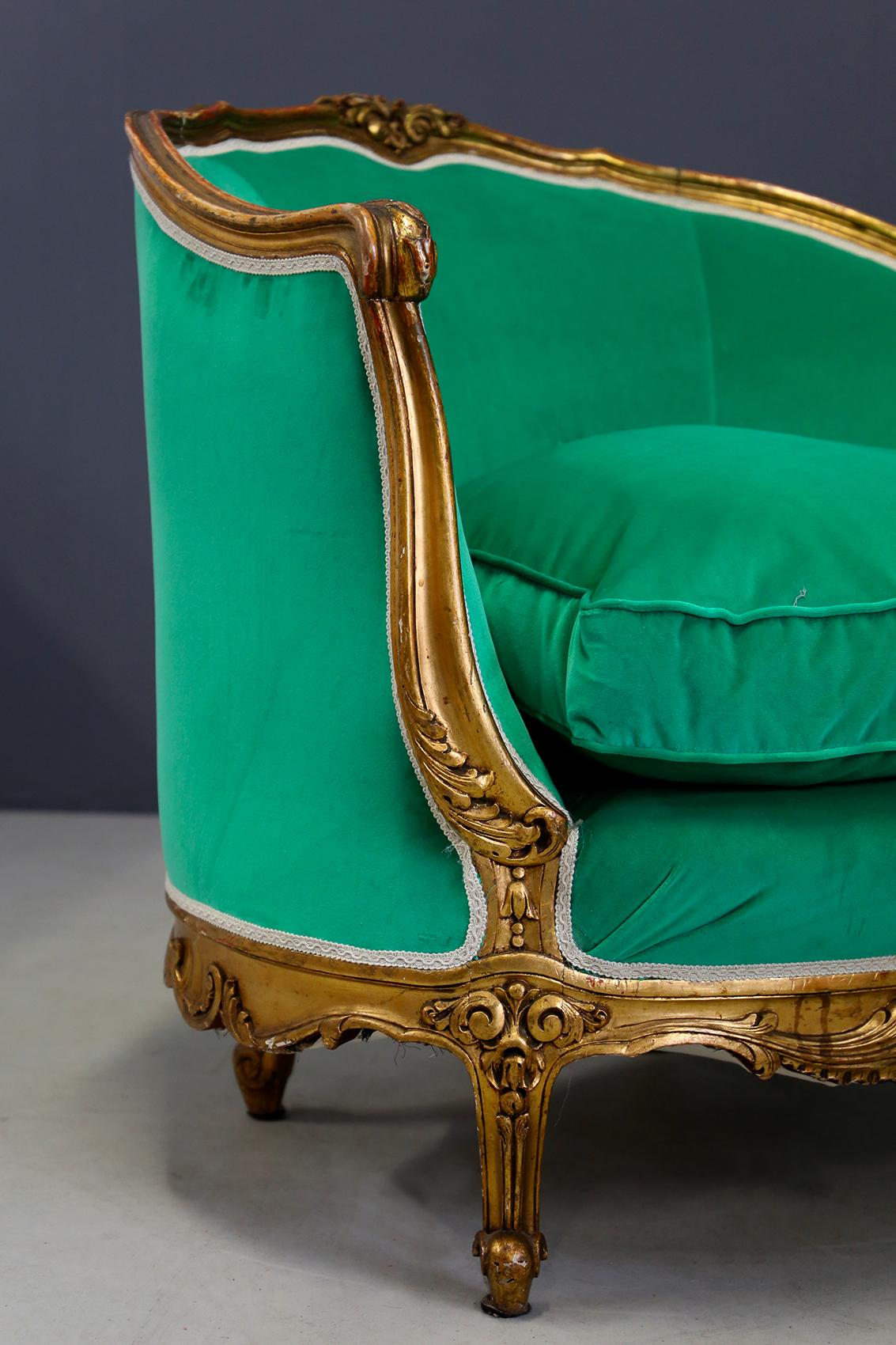 Italian Pair of Armchairs Green Late 19th Century Louis XV Style in Gilded Carved Wood