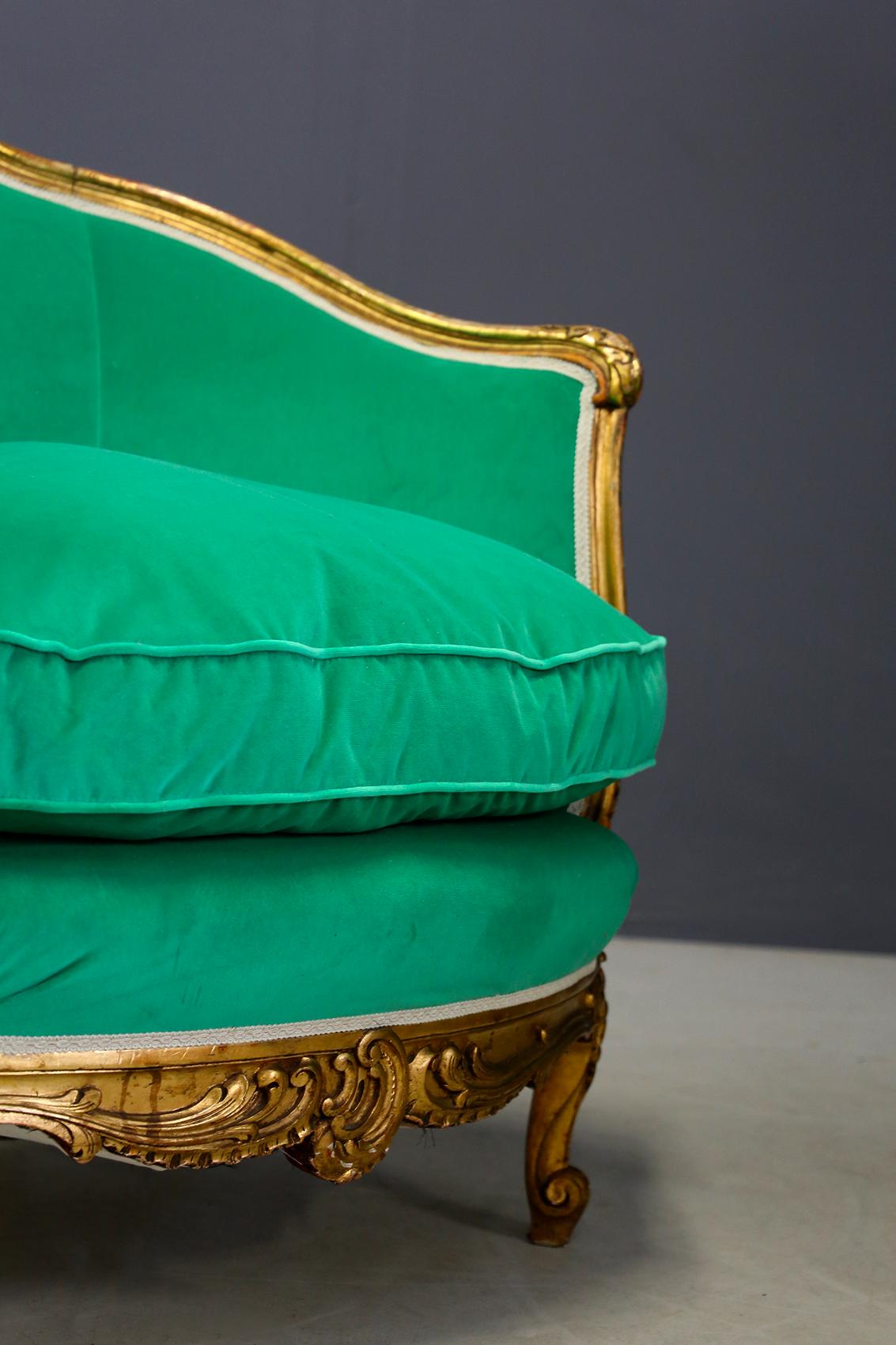 Pair of Armchairs Green Late 19th Century Louis XV Style in Gilded Carved Wood In Good Condition In Milano, IT