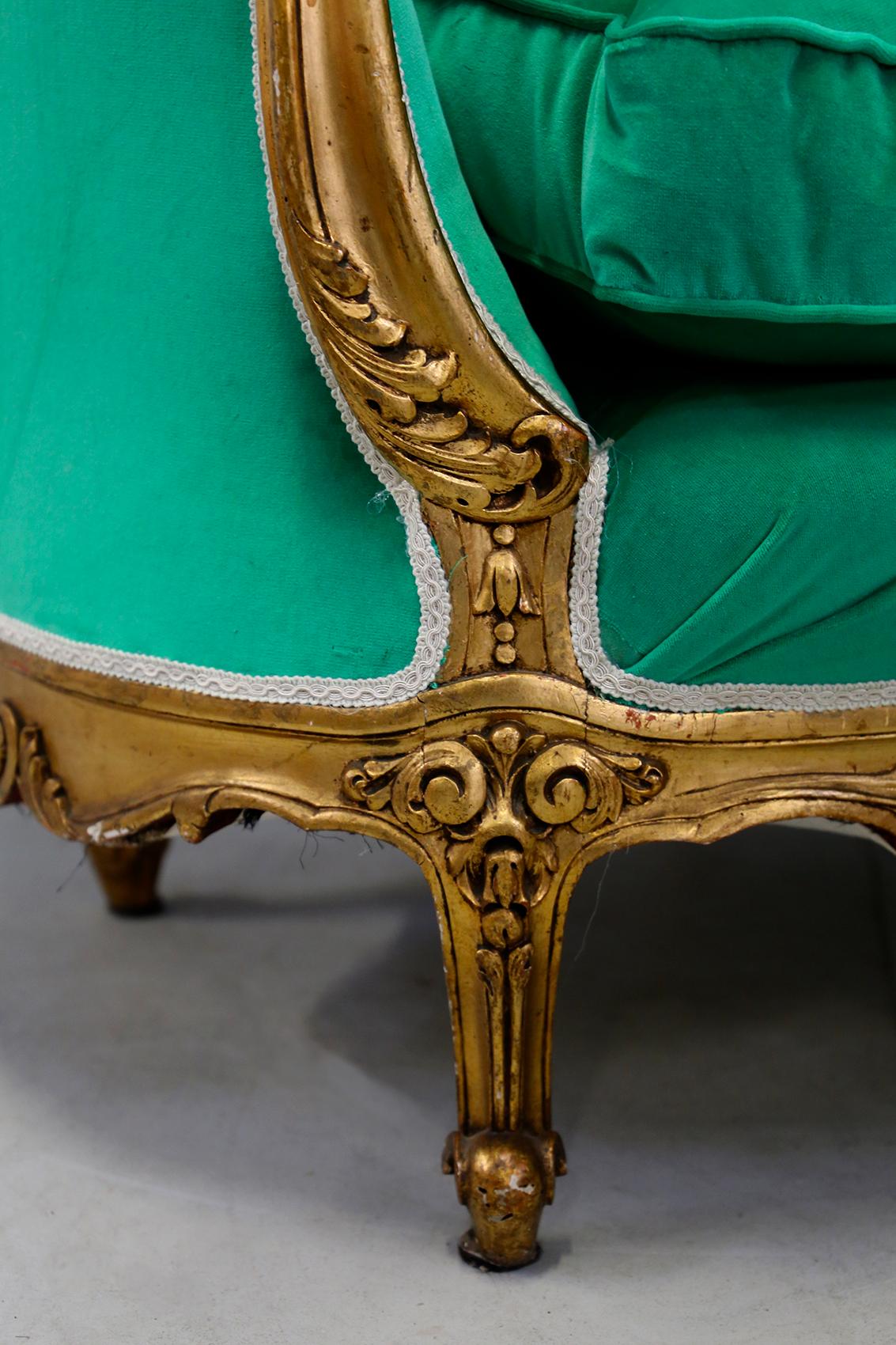 Pair of Armchairs Green Late 19th Century Louis XV Style in Gilded Carved Wood 4