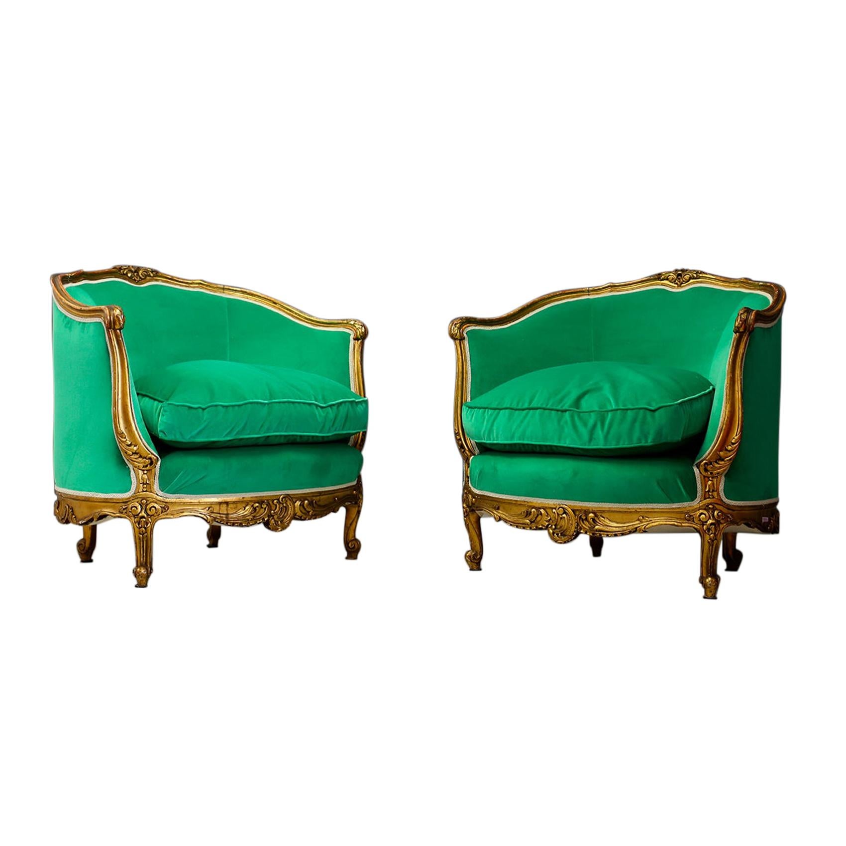 Pair of Armchairs Green Late 19th Century Louis XV Style in Gilded Carved Wood