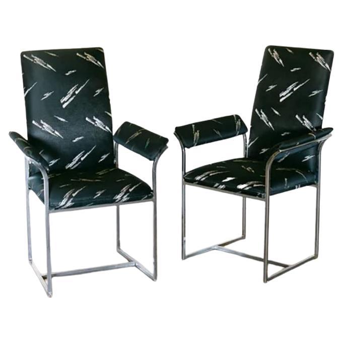 Pair of Armchairs in a Black Pattered Silk Deisgned by Milo Baughman, 1970s