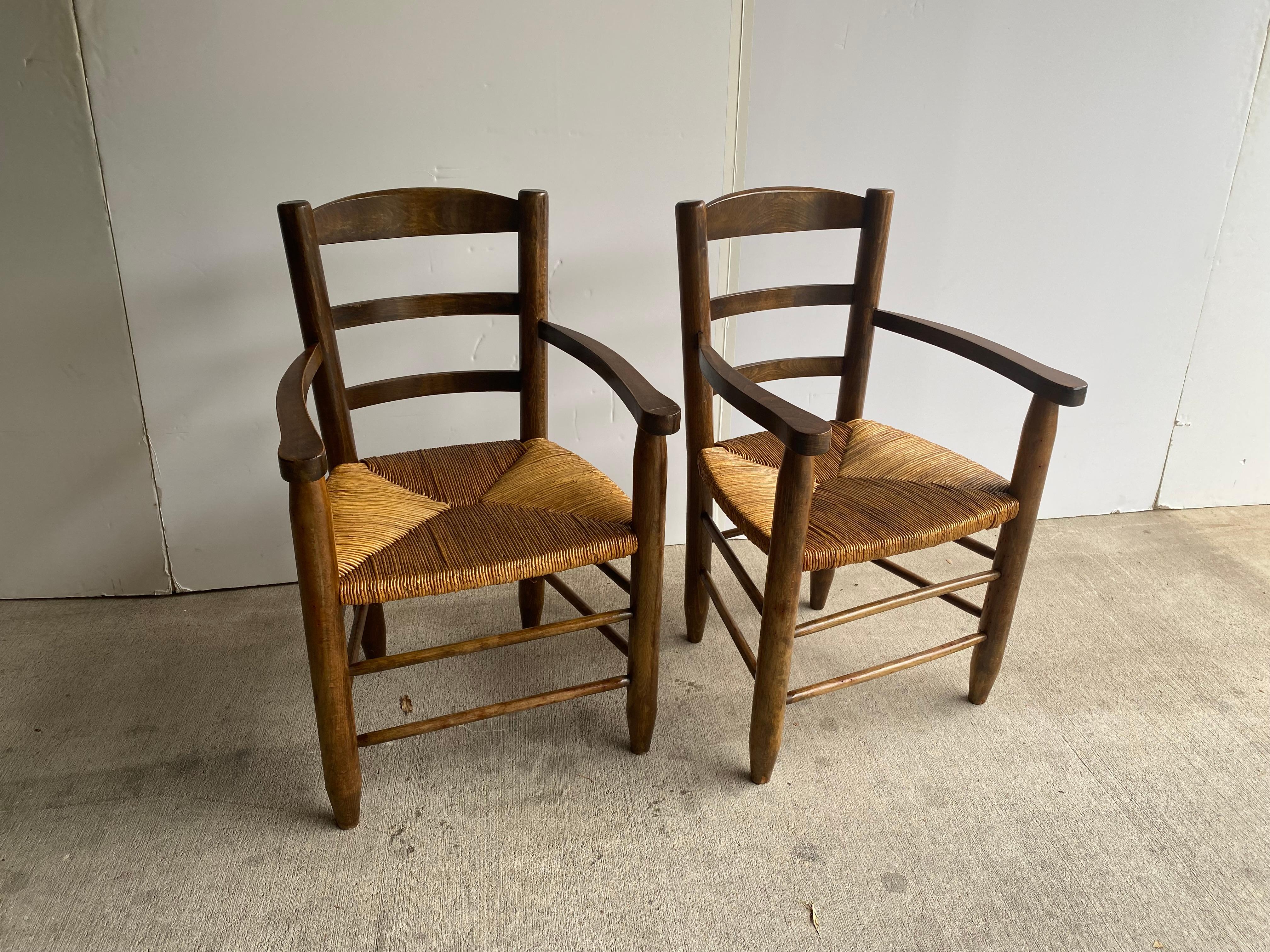 Mid-Century Modern Pair of Armchairs in Beech with Rush Seats, France, 1950's For Sale