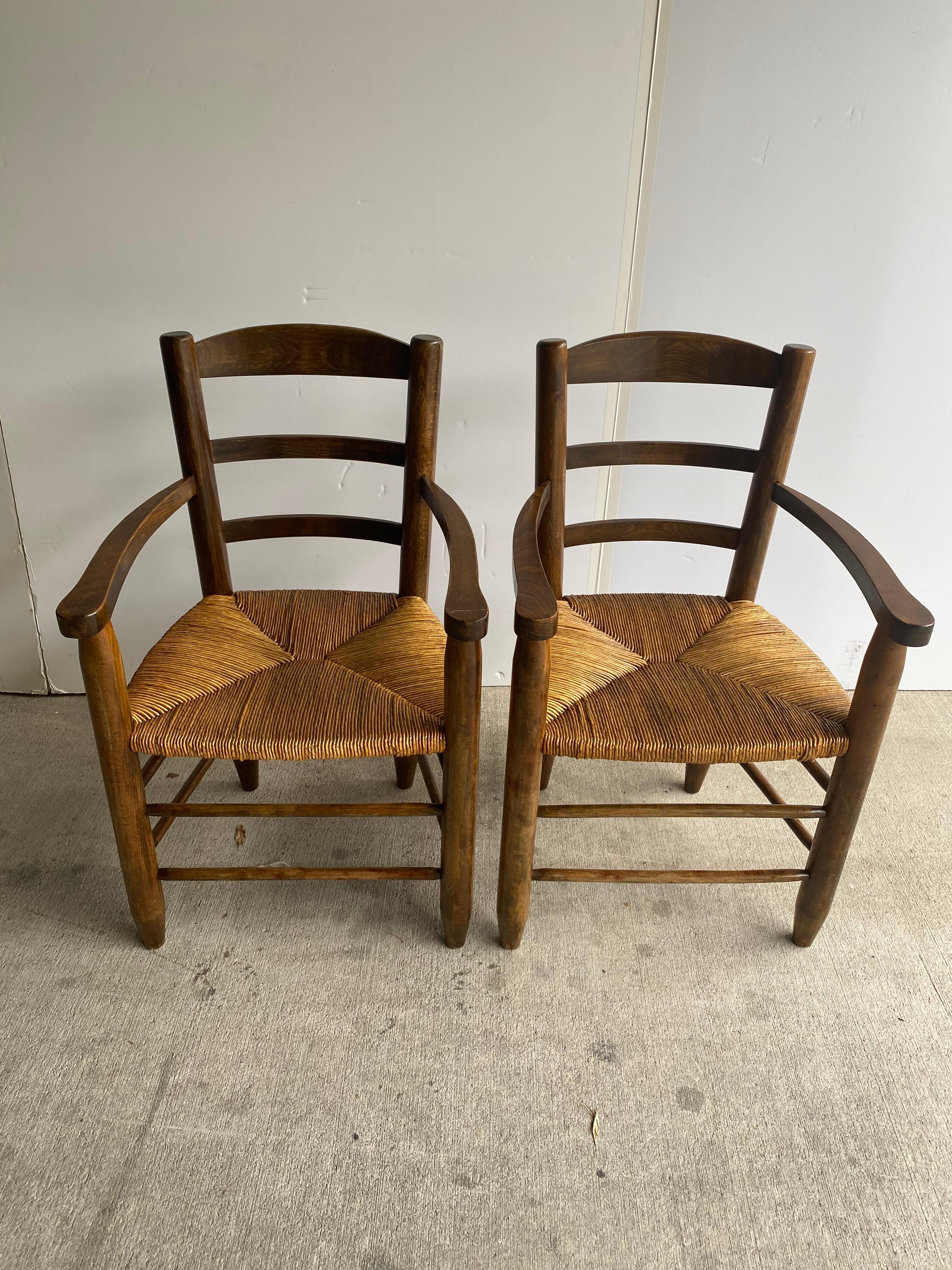 French Pair of Armchairs in Beech with Rush Seats, France, 1950's For Sale