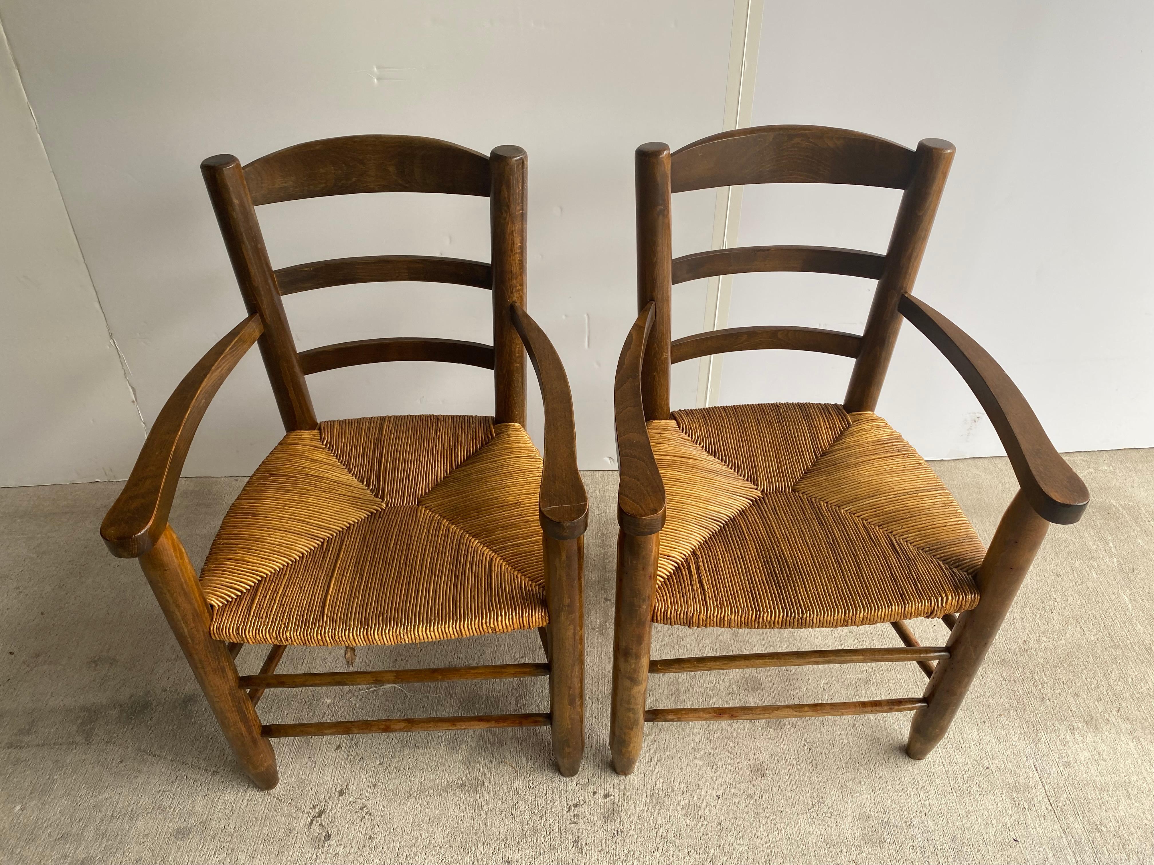 Pair of Armchairs in Beech with Rush Seats, France, 1950's In Good Condition For Sale In Austin, TX