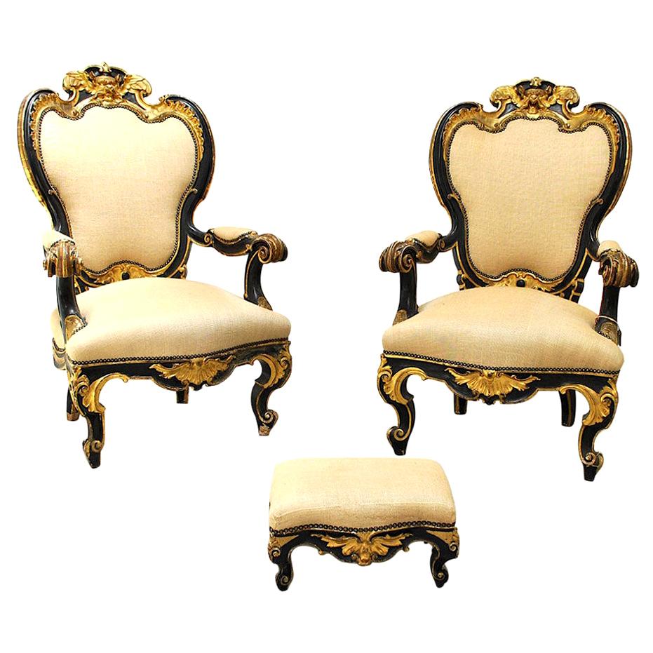 Pair of Armchairs in Black Lacquer Wood, Mid-18th Century