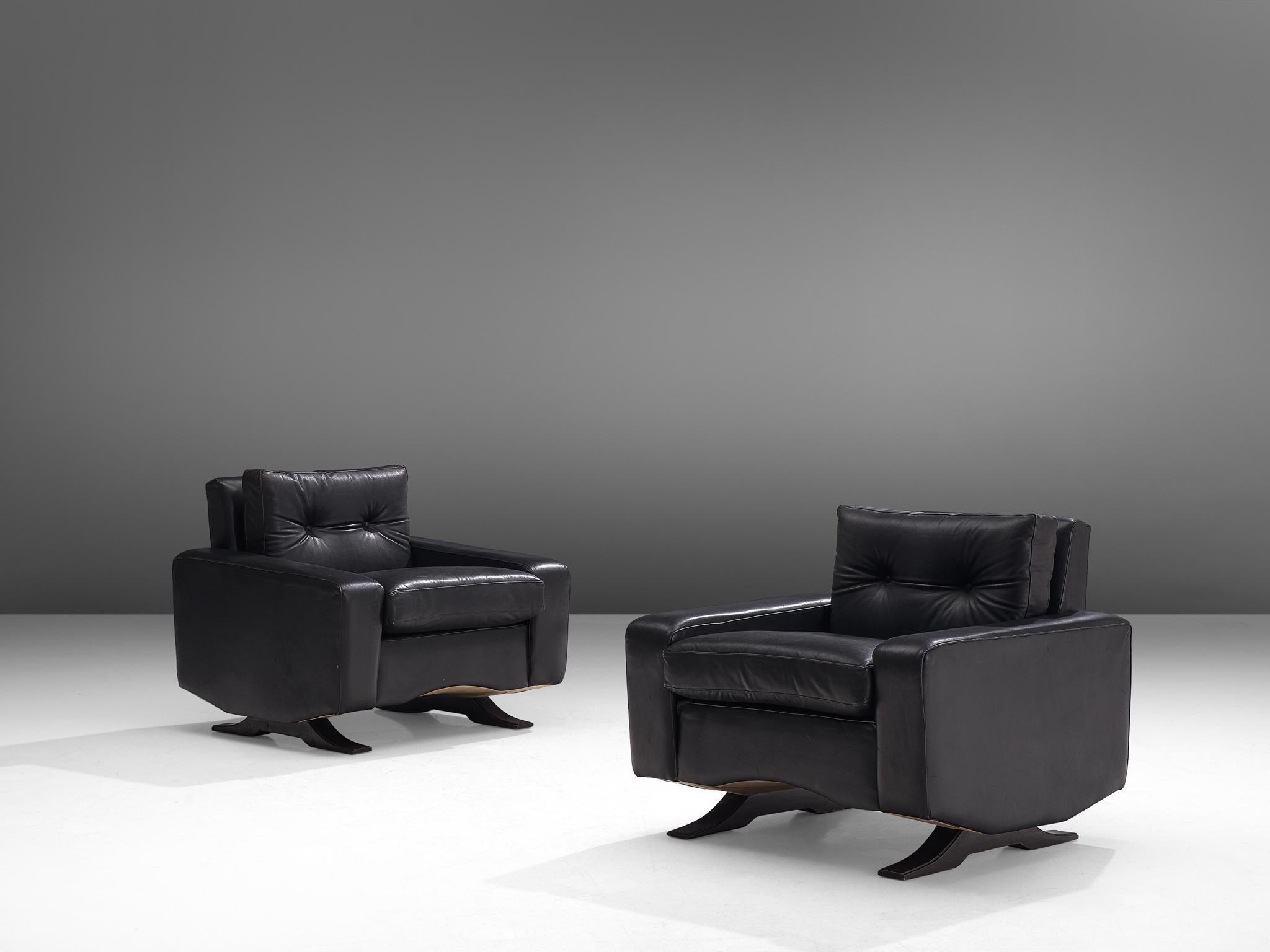Mid-Century Modern Pair of Armchairs in Black Leather by Franz Sartori for Flexform