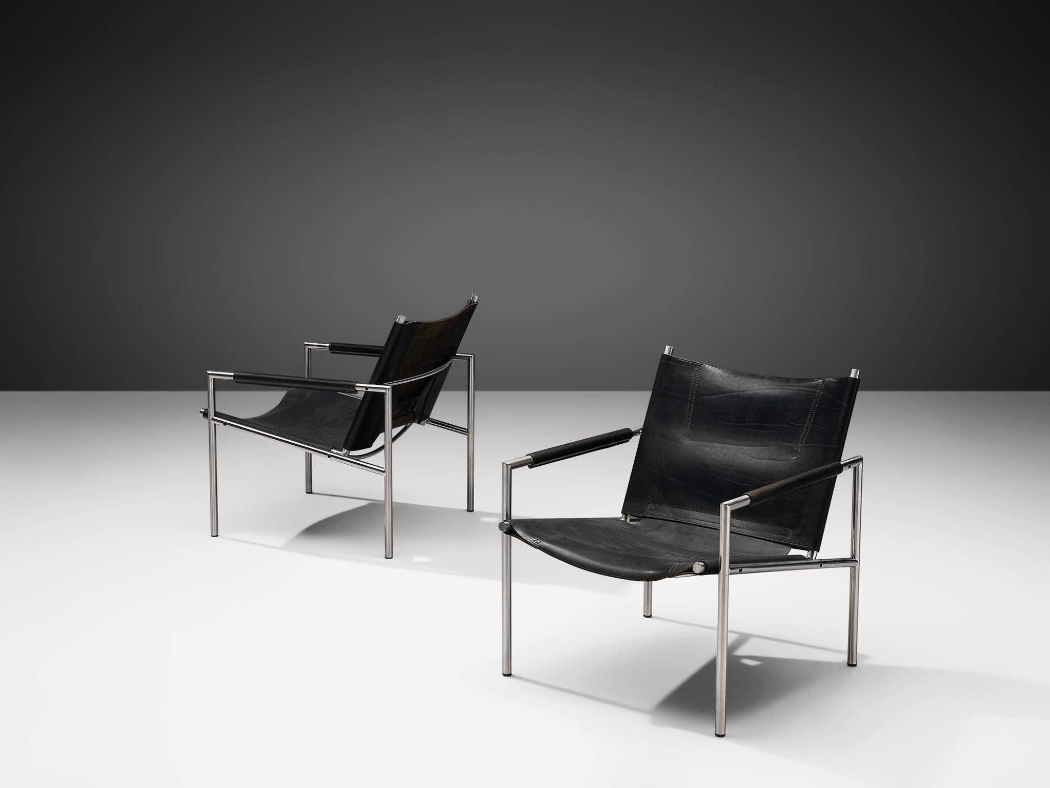 Mid-Century Modern Pair of Armchairs in Black Leather by Martin Visser