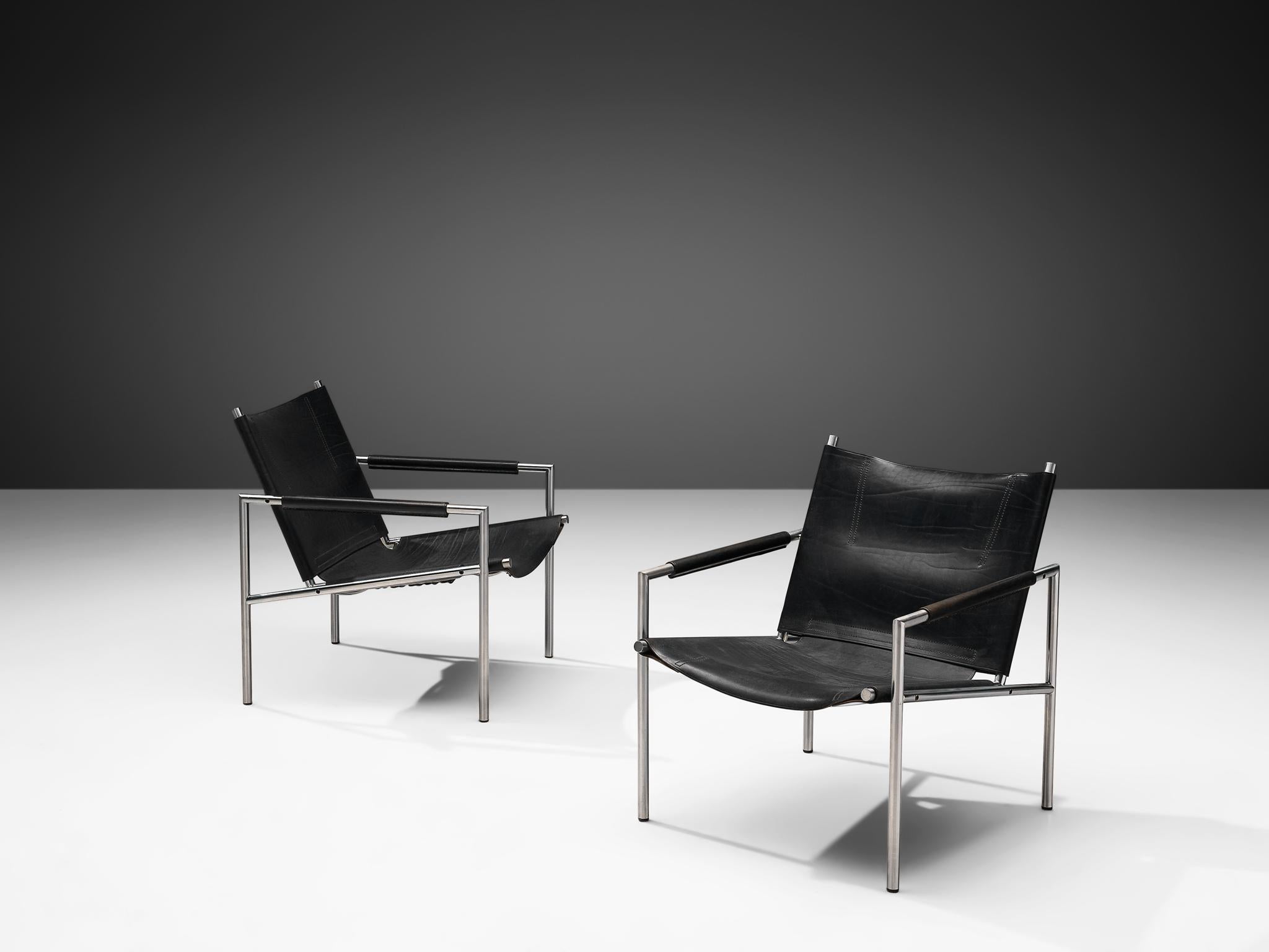 Dutch Pair of Armchairs in Black Leather by Martin Visser