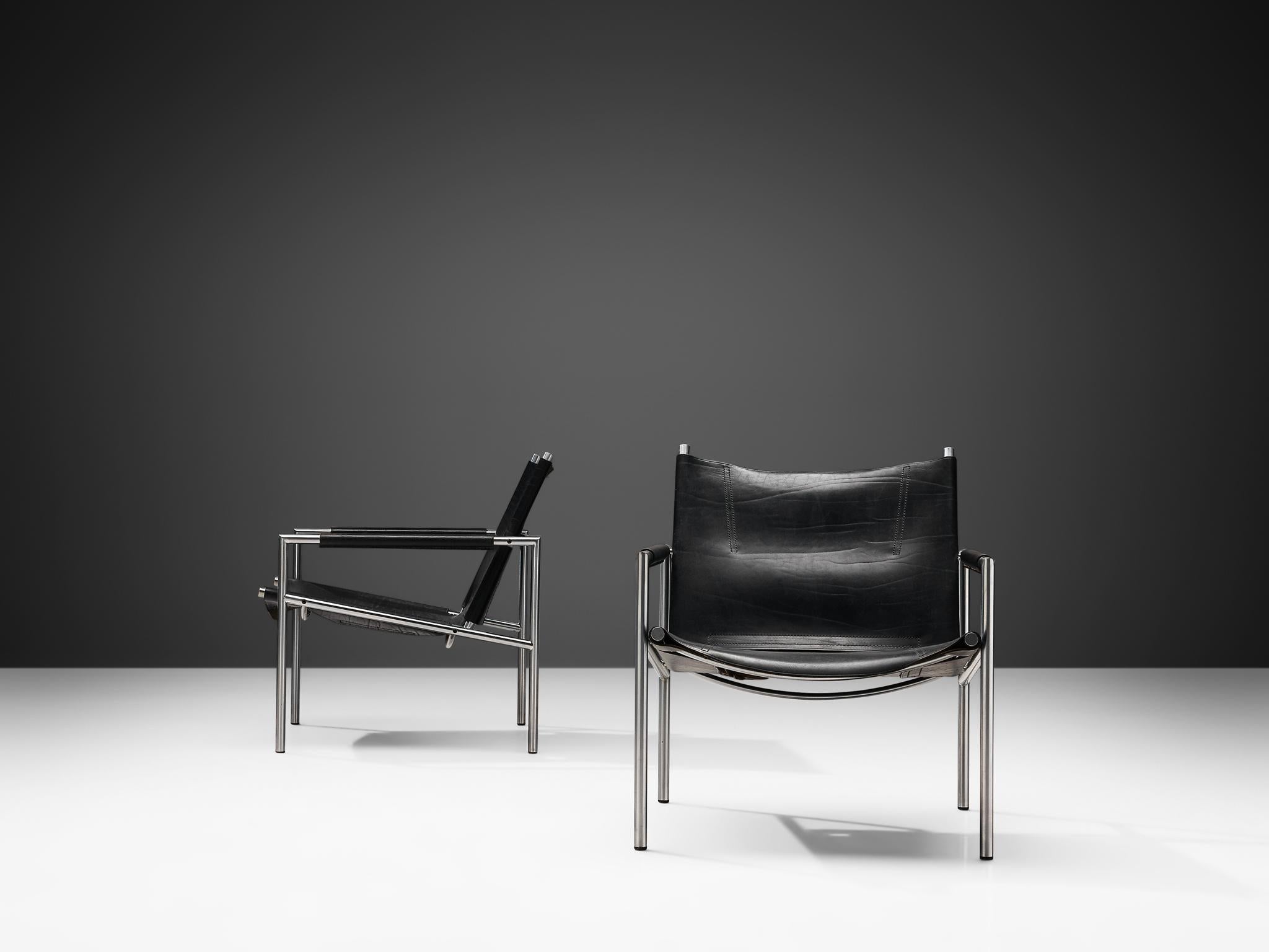 Mid-20th Century Pair of Armchairs in Black Leather by Martin Visser