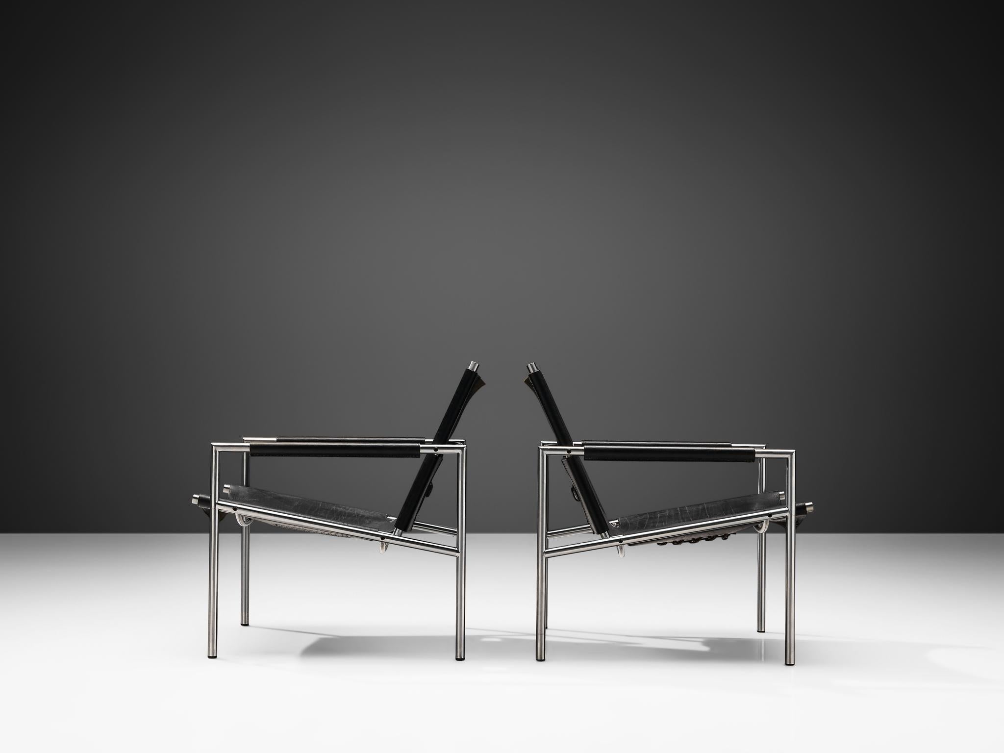 Metal Pair of Armchairs in Black Leather by Martin Visser