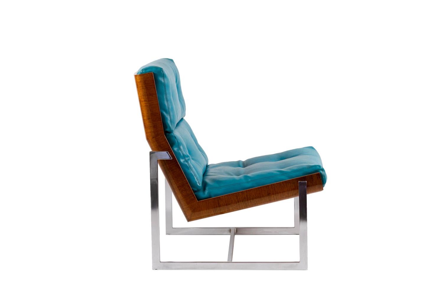 European William Plunkett, Pair of Armchairs in Blue Leather and Plywood, 1970s