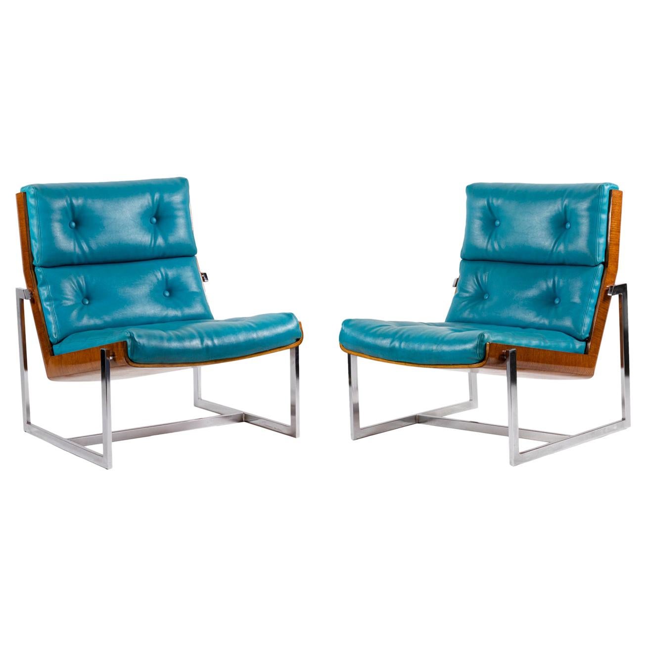 William Plunkett, Pair of Armchairs in Blue Leather and Plywood, 1970s