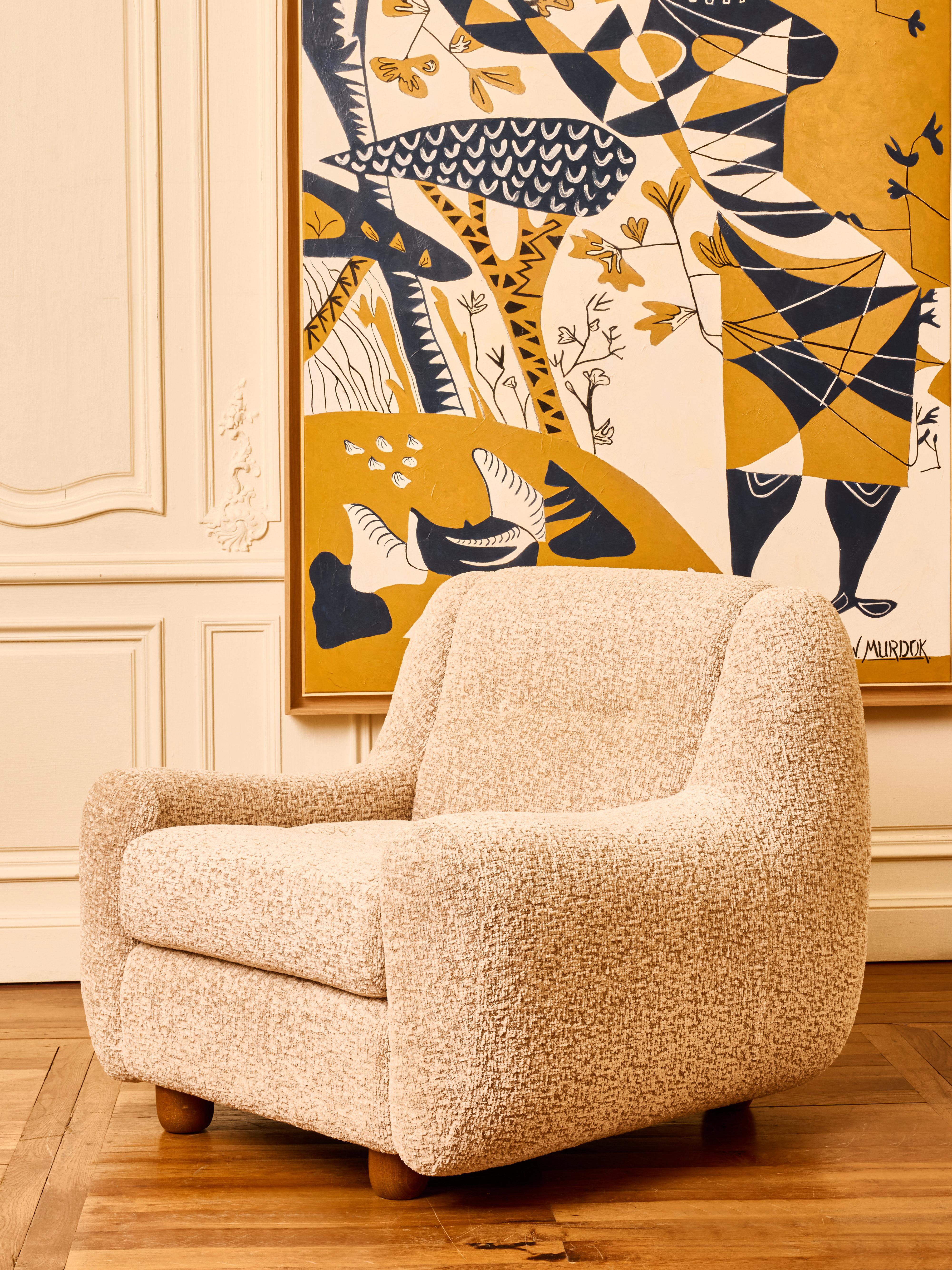 Pair of armchairs upholstered with a bouclettes fabric.
Creation by Studio Glustin.
France, 2025.