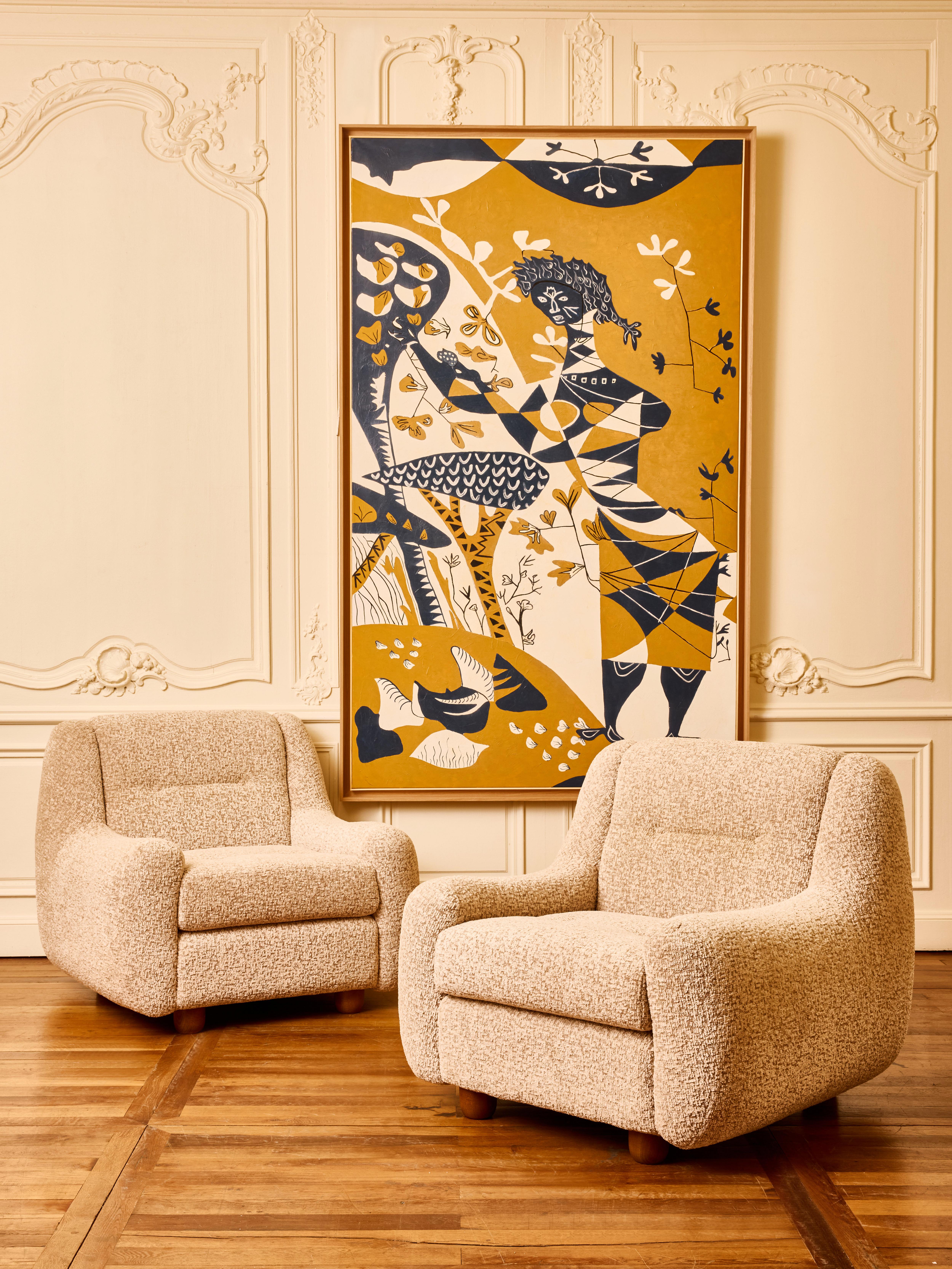 Fabric Pair of armchairs in bouclette fabric by Studio Glustin For Sale