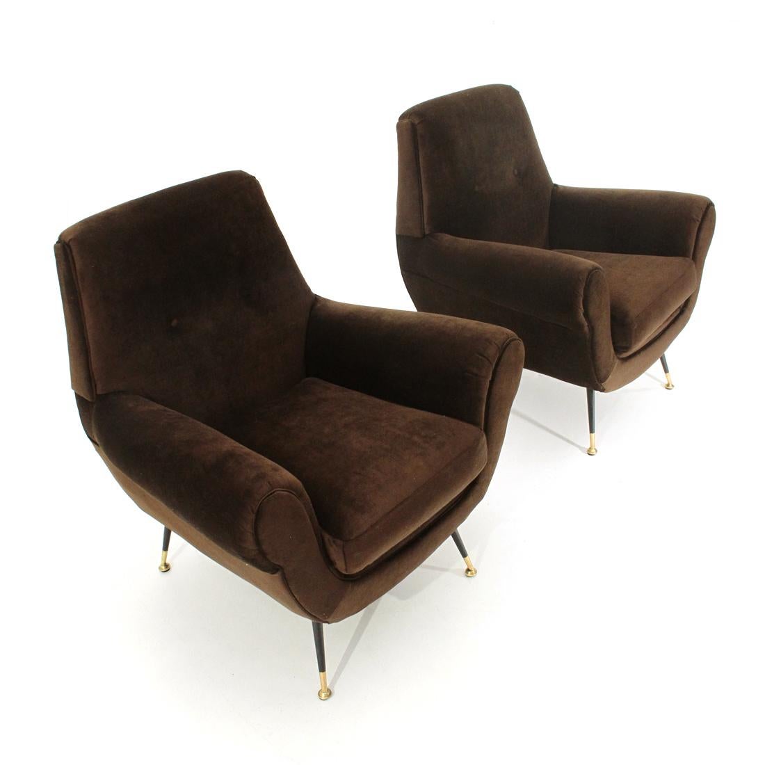 Mid-Century Modern Pair of Armchairs in Brown Velvet, 1960s For Sale