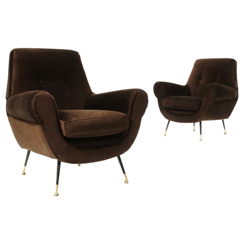 Pair of Armchairs in Brown Velvet, 1960s For Sale