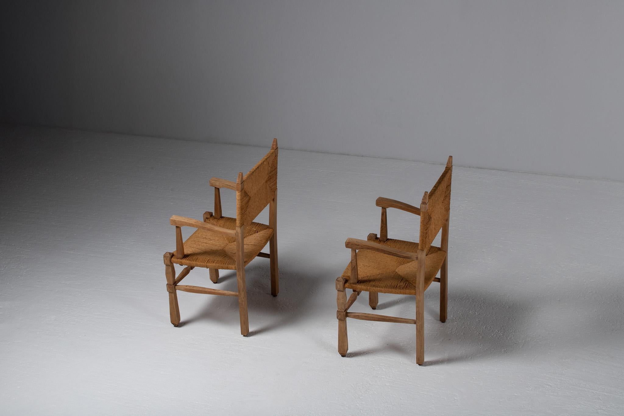 Pair of Armchairs in Carved Oak and Rush, France, 1950s For Sale 4