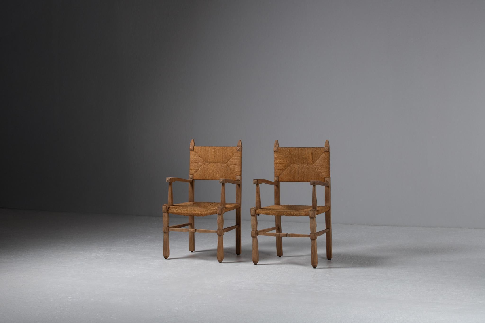 Pair of Armchairs in Carved Oak and Rush, France, 1950s For Sale 5