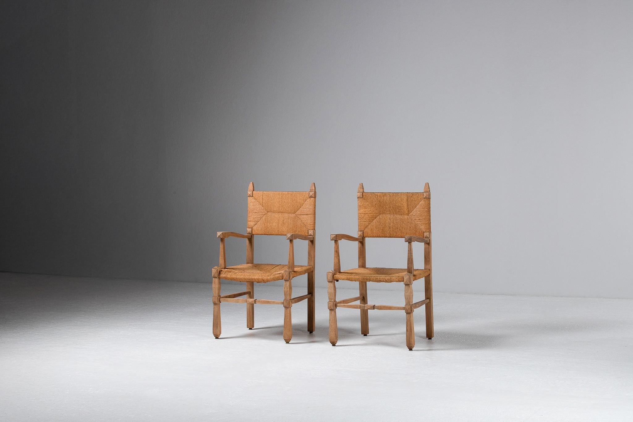 Pair of Armchairs in Carved Oak and Rush, France, 1950s For Sale 5