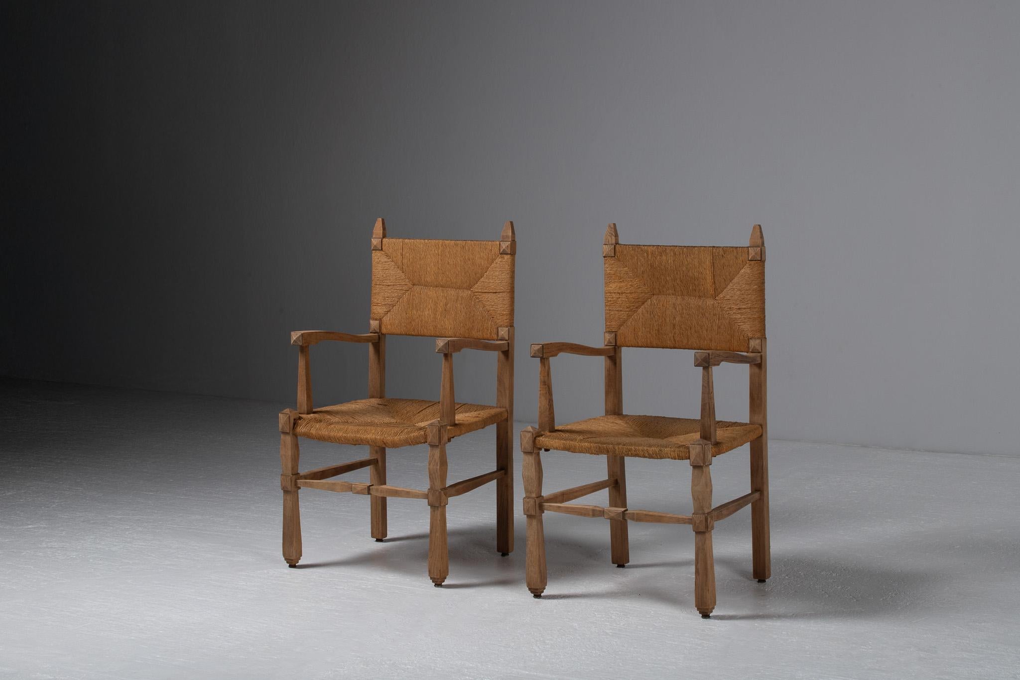 Pair of Armchairs in Carved Oak and Rush, France, 1950s For Sale 6