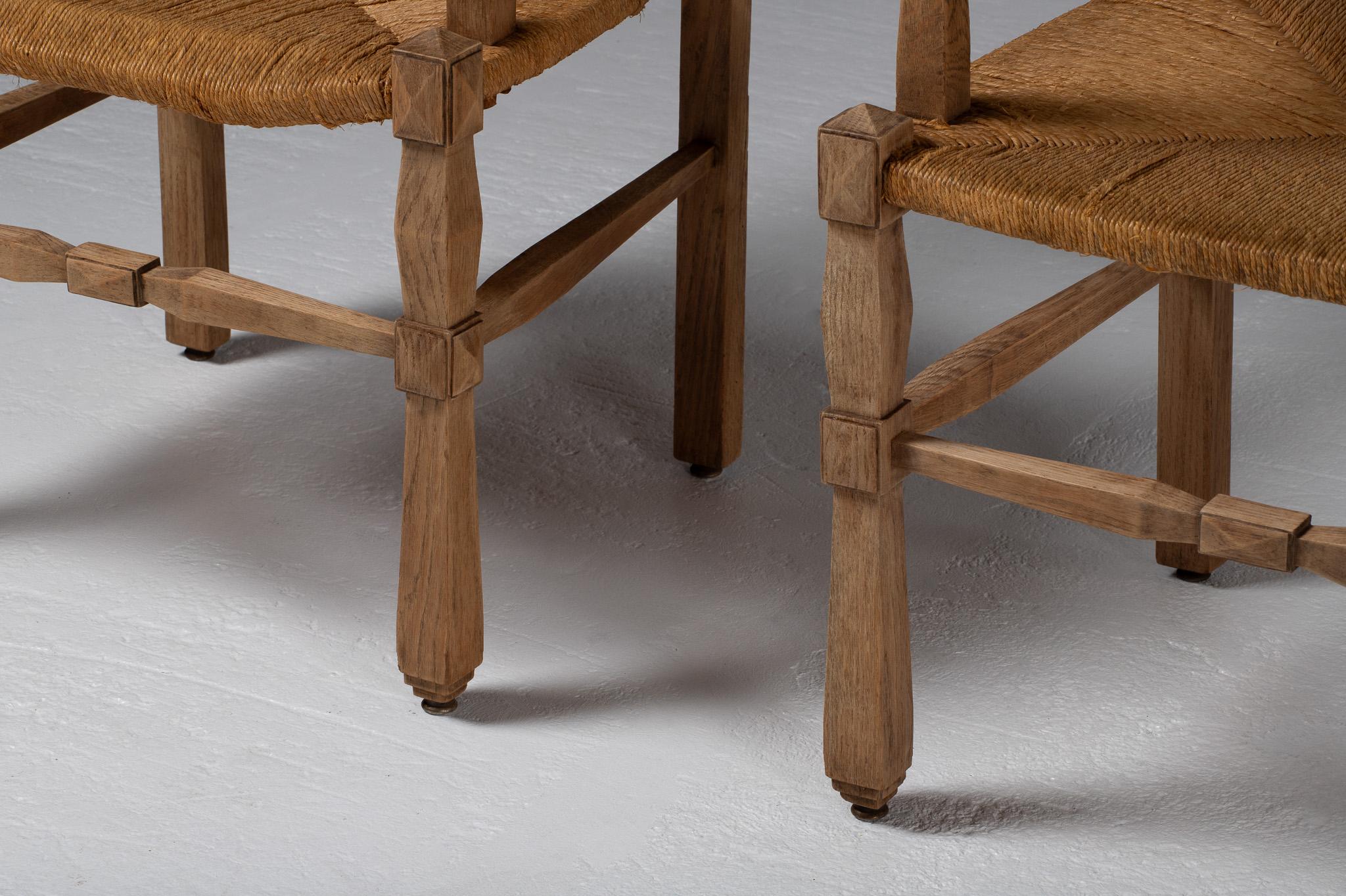 Italian Pair of Armchairs in Carved Oak and Rush, France, 1950s For Sale