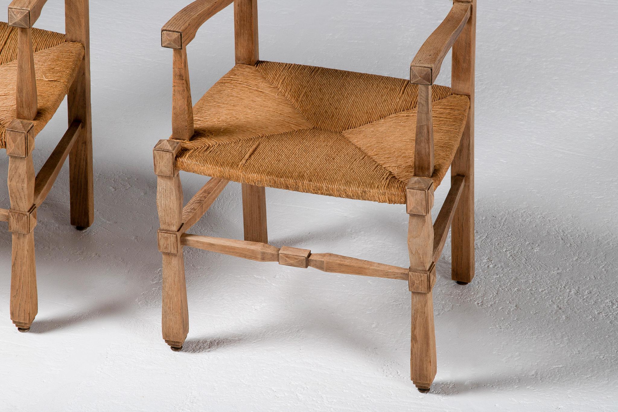 Italian Pair of Armchairs in Carved Oak and Rush, France, 1950s For Sale