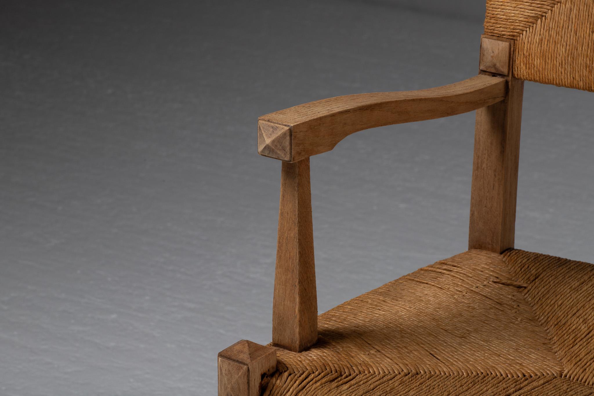 20th Century Pair of Armchairs in Carved Oak and Rush, France, 1950s For Sale