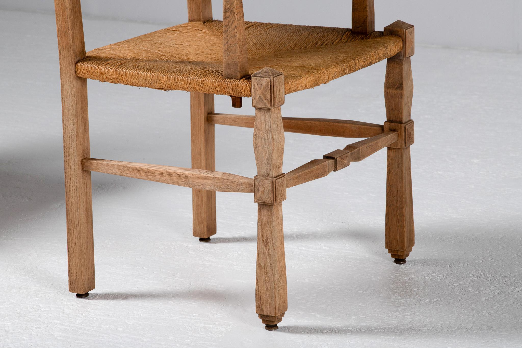20th Century Pair of Armchairs in Carved Oak and Rush, France, 1950s For Sale