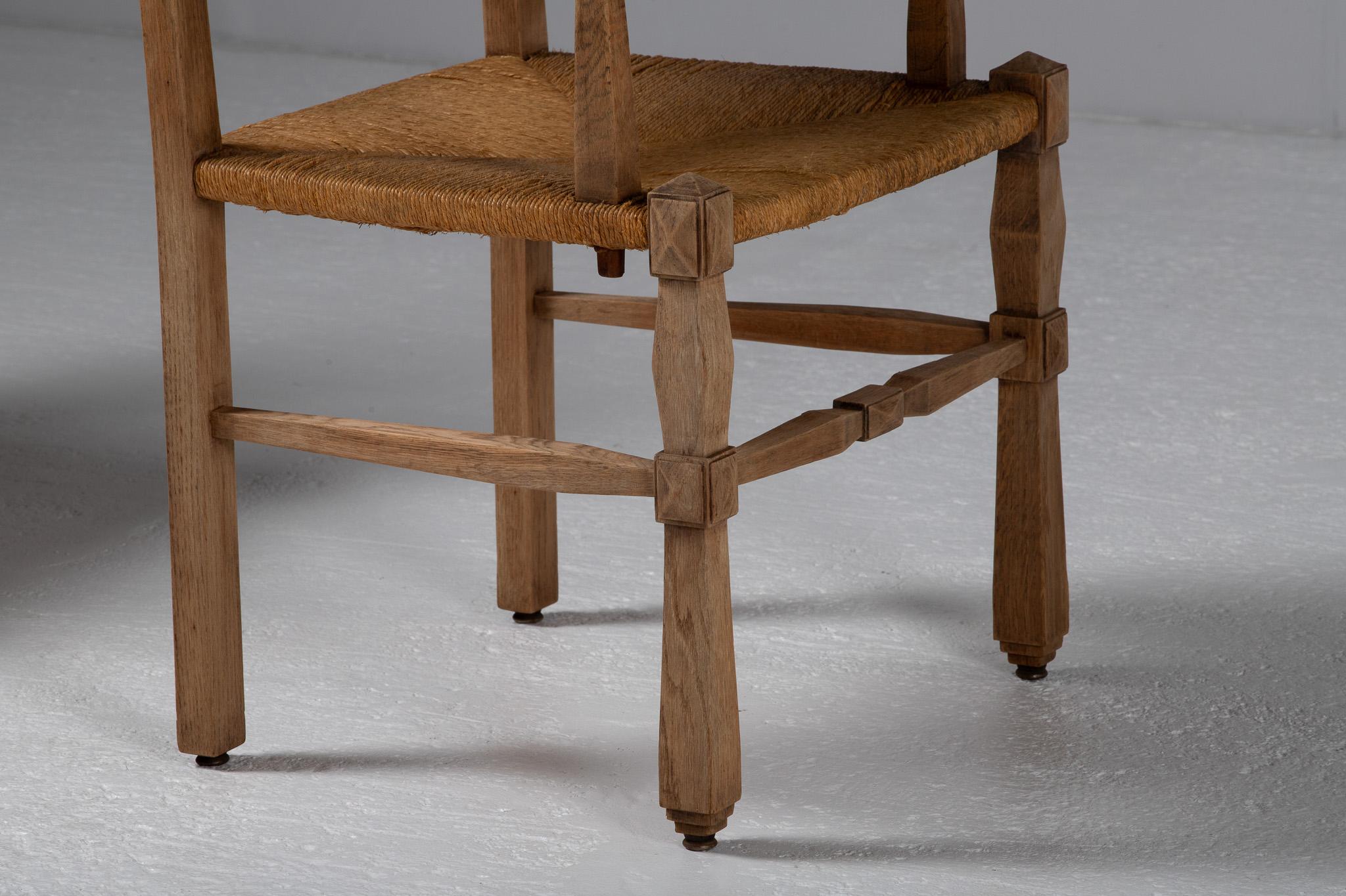Pair of Armchairs in Carved Oak and Rush, France, 1950s For Sale 1