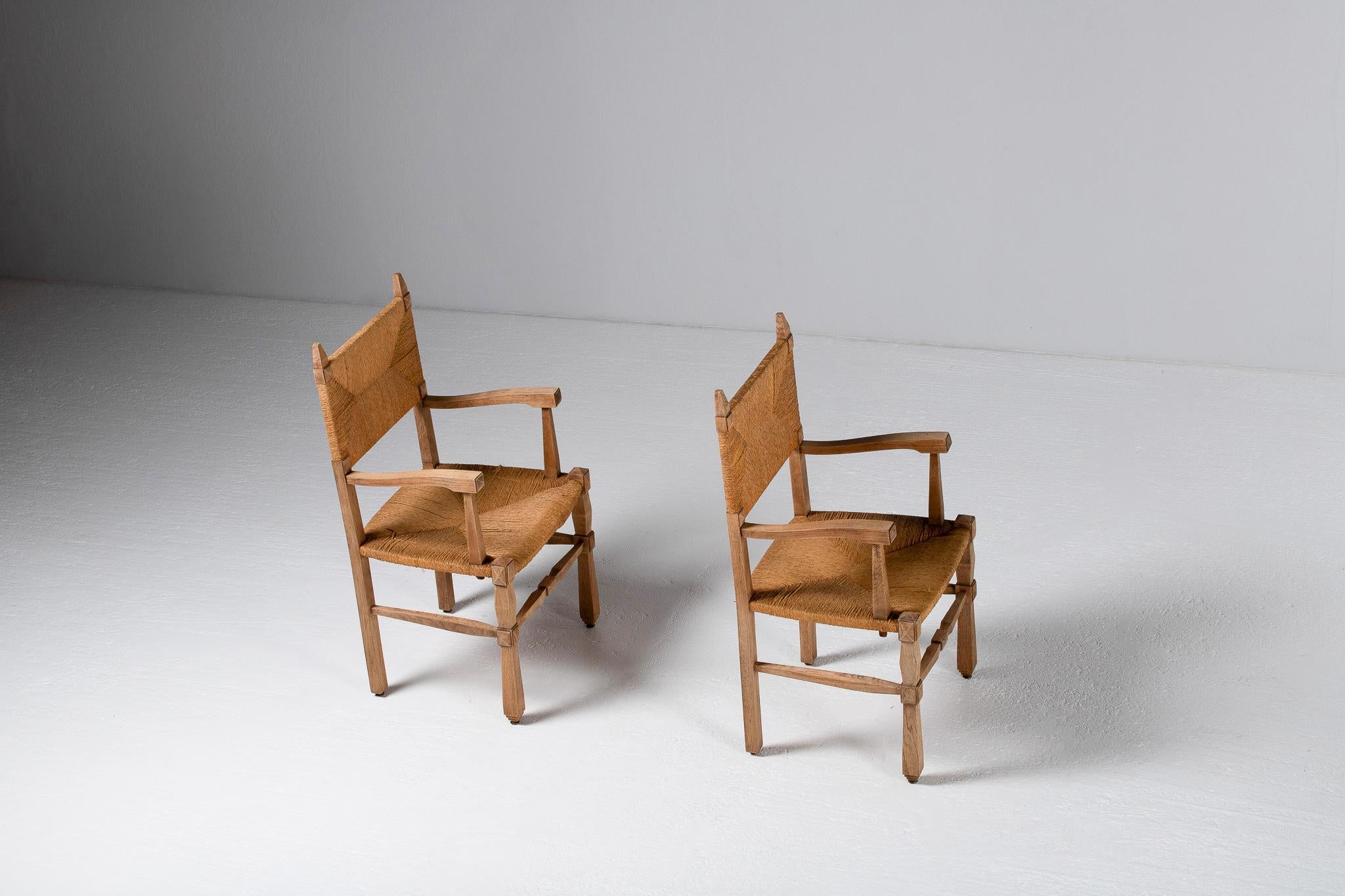 Pair of Armchairs in Carved Oak and Rush, France, 1950s For Sale 1