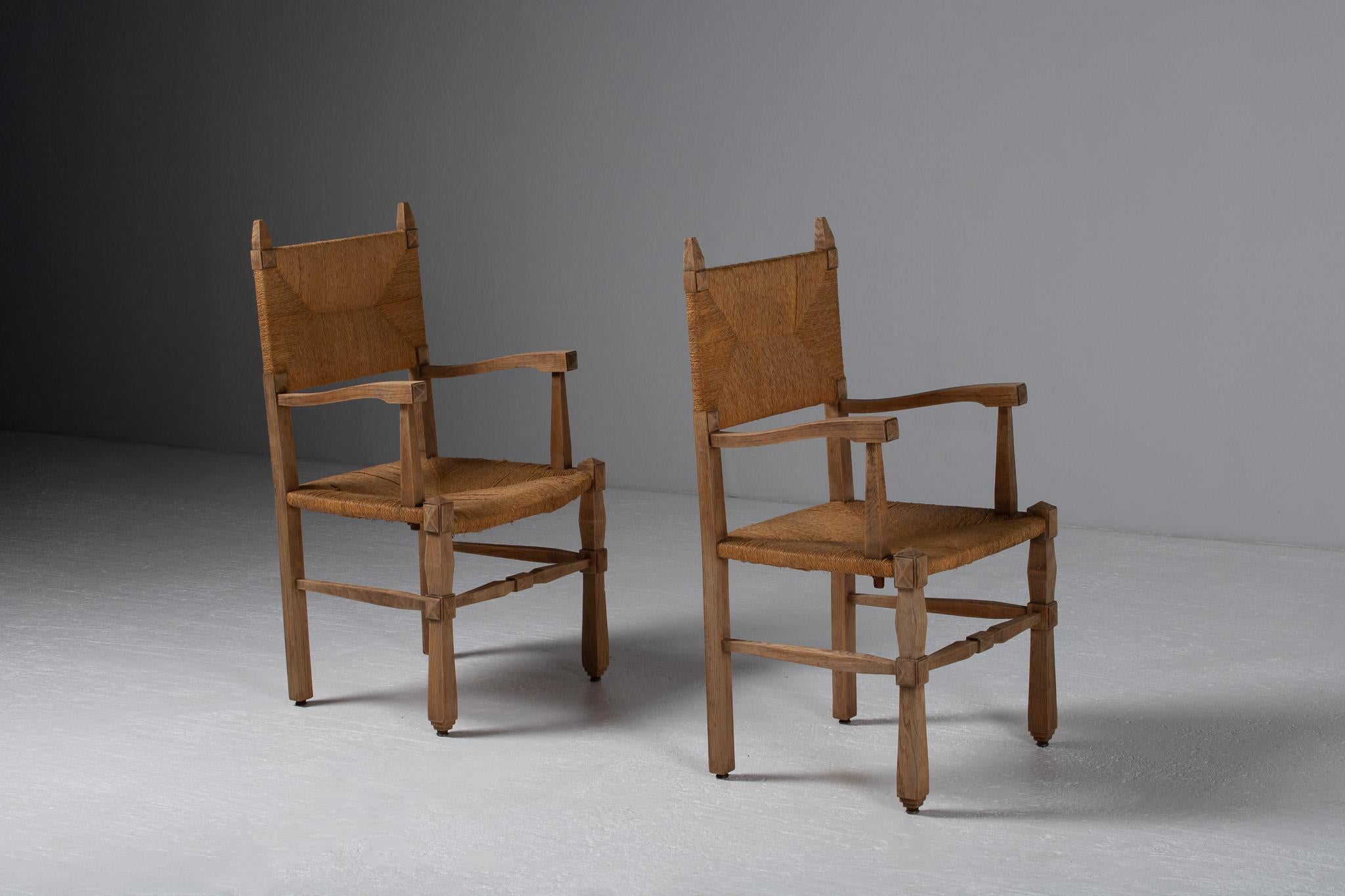 Pair of Armchairs in Carved Oak and Rush, France, 1950s For Sale 2