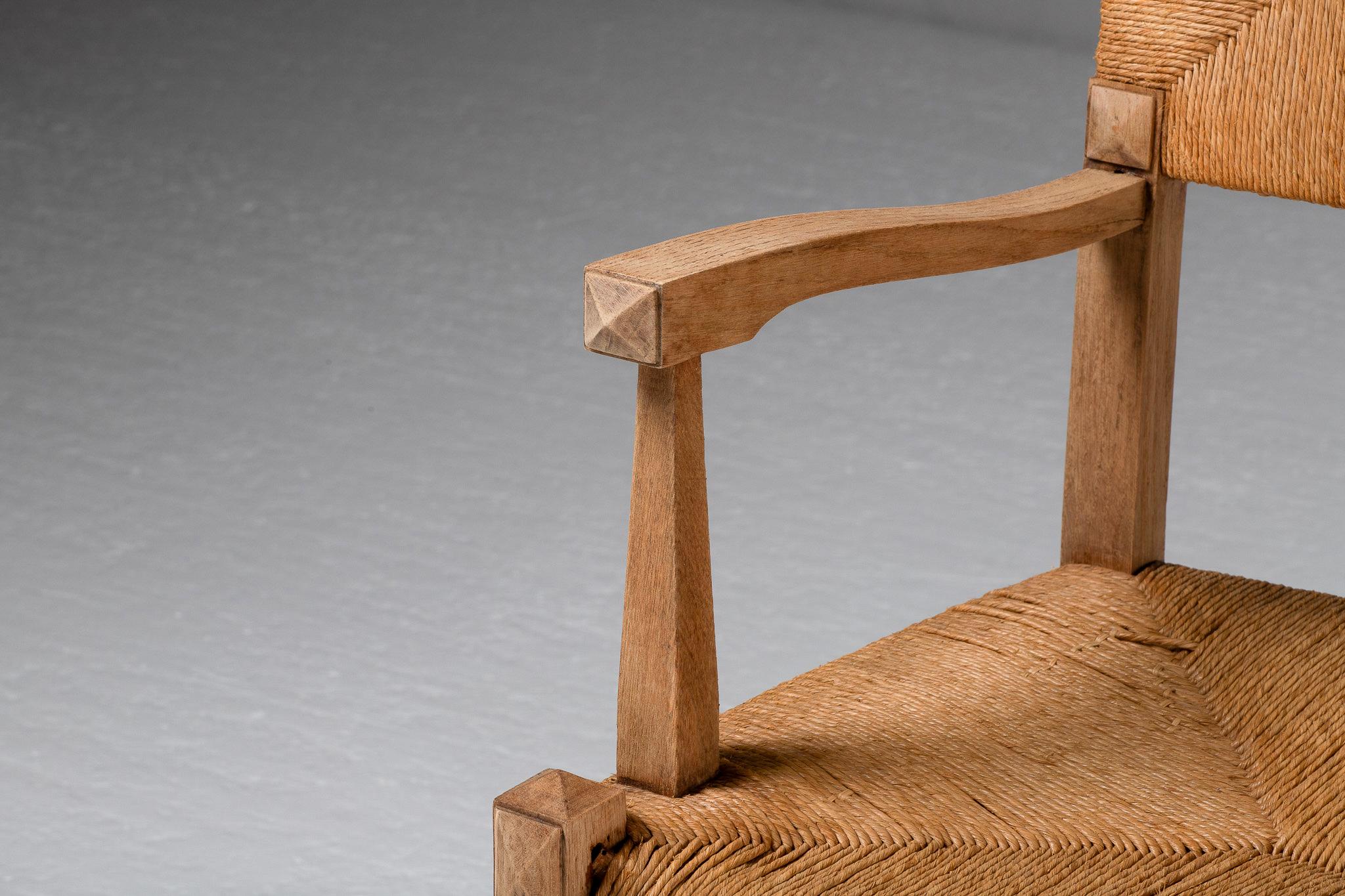 Pair of Armchairs in Carved Oak and Rush, France, 1950s For Sale 2