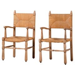 Pair of Armchairs in Carved Oak and Rush, France, 1950s