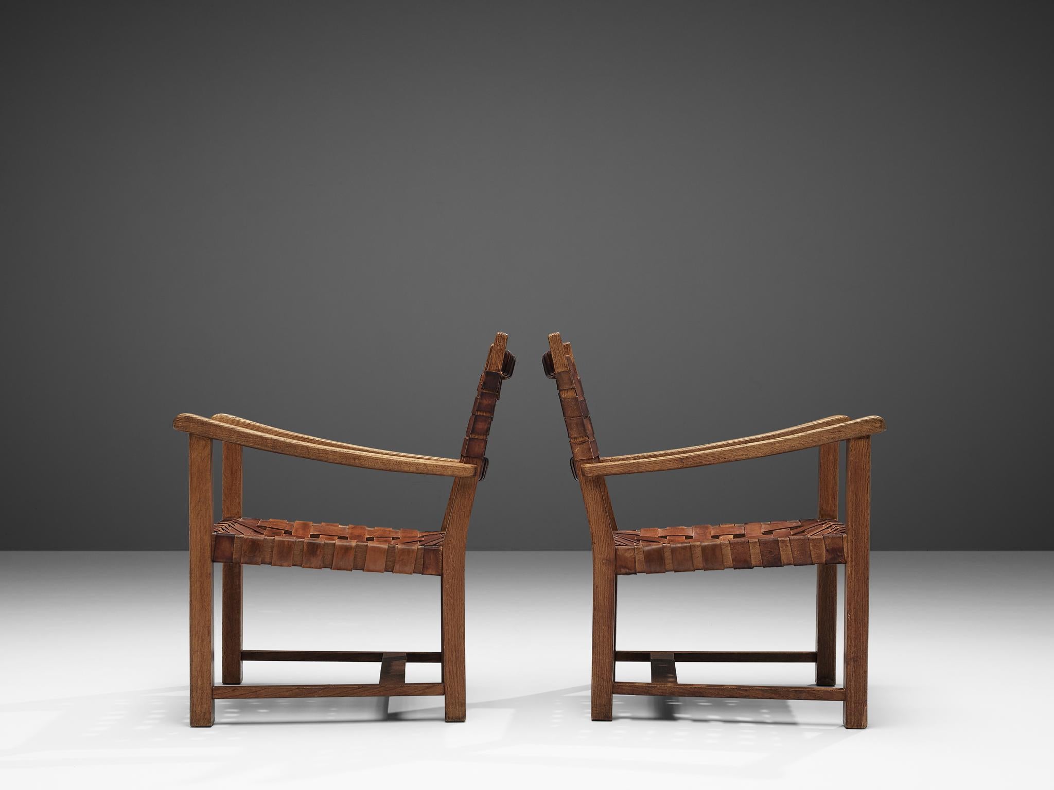 Mid-20th Century Pair of Armchairs in Cognac Leather and Oak