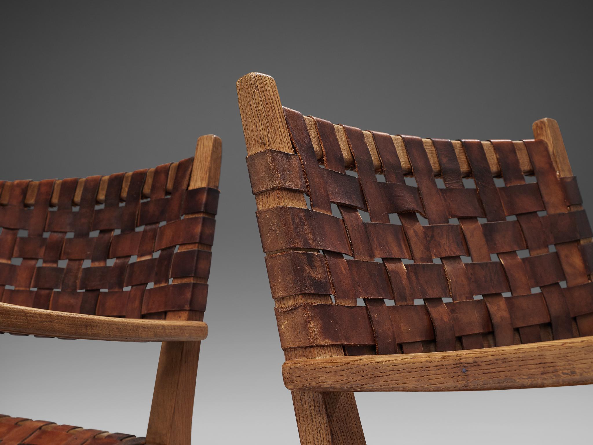 Paar Sessel aus cognacfarbenem Leder und Eiche 1