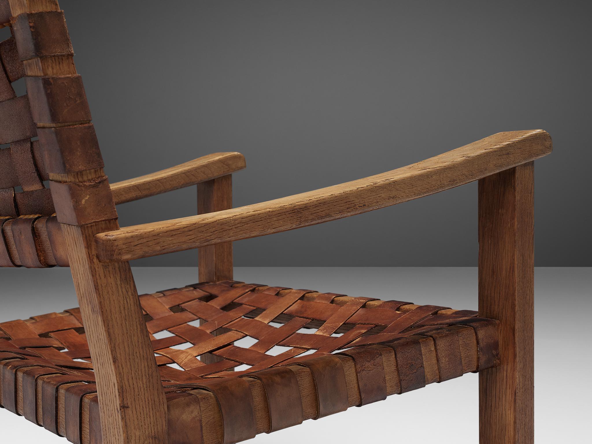 Paar Sessel aus cognacfarbenem Leder und Eiche 3