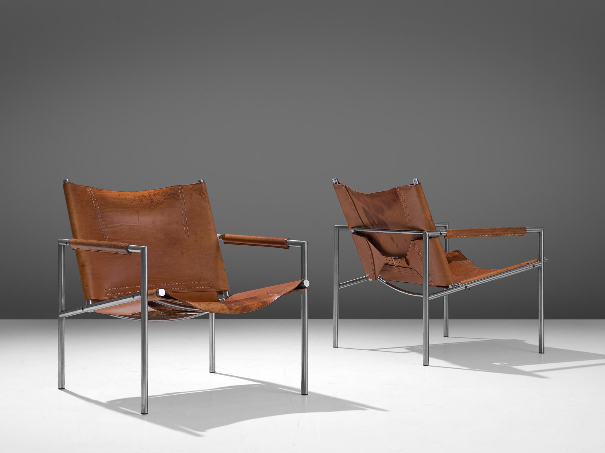 Mid-Century Modern Pair of Armchairs in Cognac Leather by Martin Visser