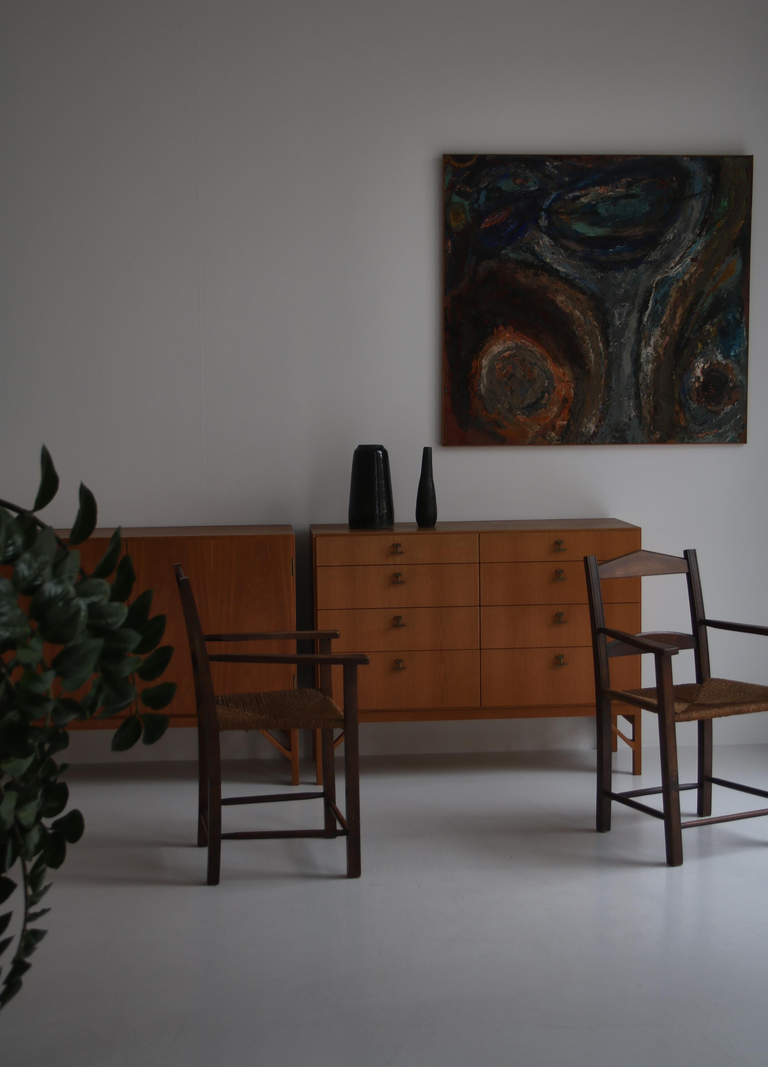 Pair of Armchairs in Dark Stained Pine and Seagrass Danish Cabinetmaker, 1940s In Good Condition For Sale In Odense, DK