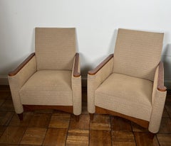 Pair of Armchairs in Gouged Wood and Mottled Fabric