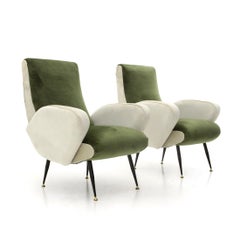 Pair of Armchairs in Green and White Velvet, 1950s