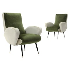 Pair of Armchairs in Green and White Velvet, 1950s